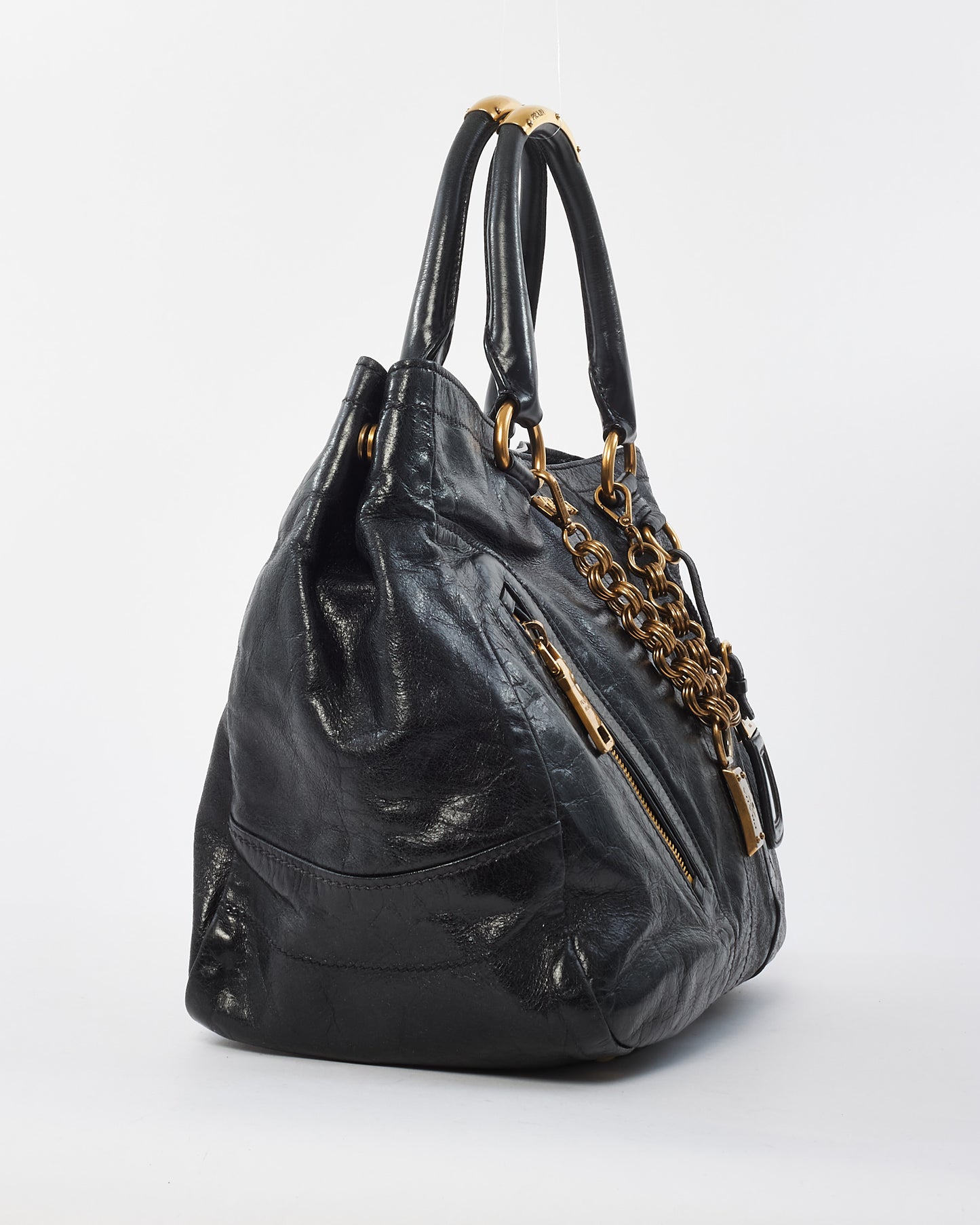 Prada Vintage Black Leather 
Gold Zipper Detail Shoulder Bag