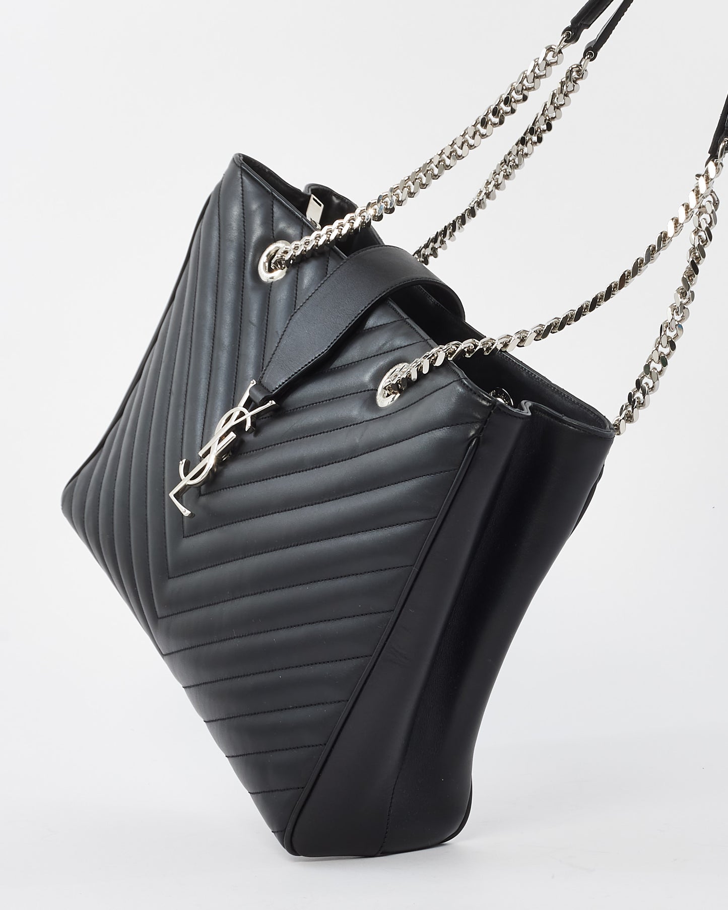 Saint Laurent Black Leather Matelasse Loulou Chevron Shopping Tote Bag