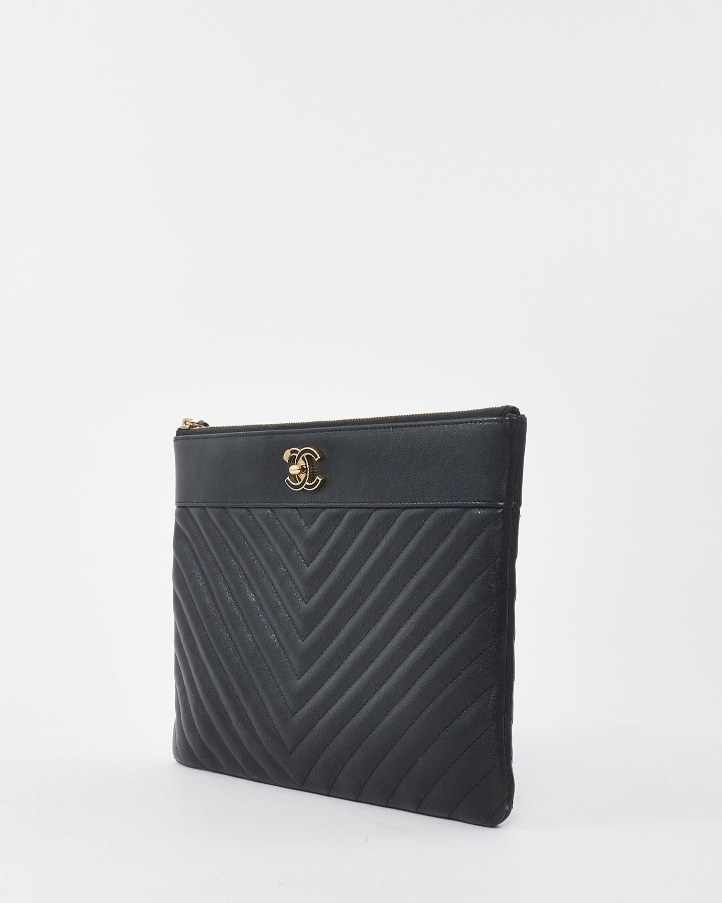 Chanel Black Chevron Leather Logo Zippered Pouch