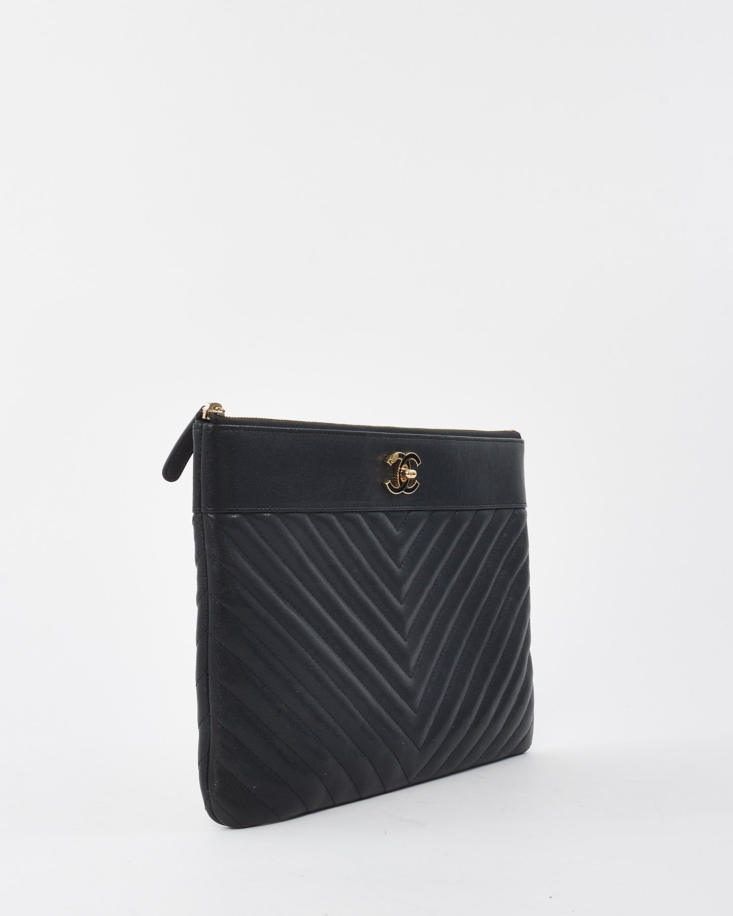 Chanel Black Chevron Leather Logo Zippered Pouch