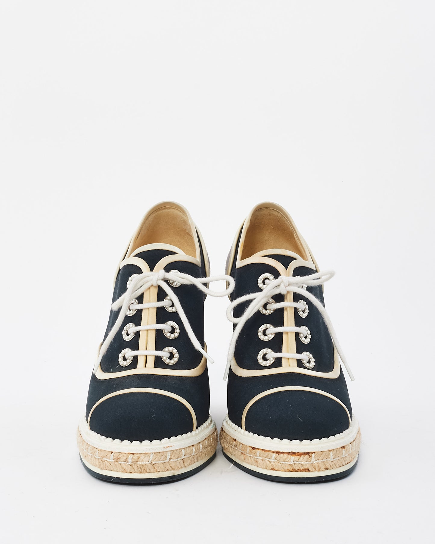 Chanel Navy 
White Canvas Platform Espadrille Wedges - 37.5