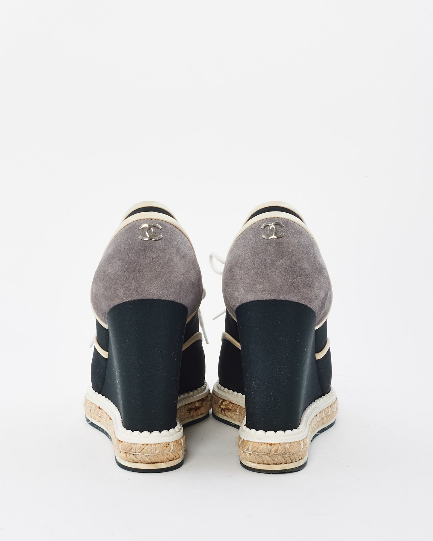 Chanel Navy 
White Canvas Platform Espadrille Wedges - 37.5