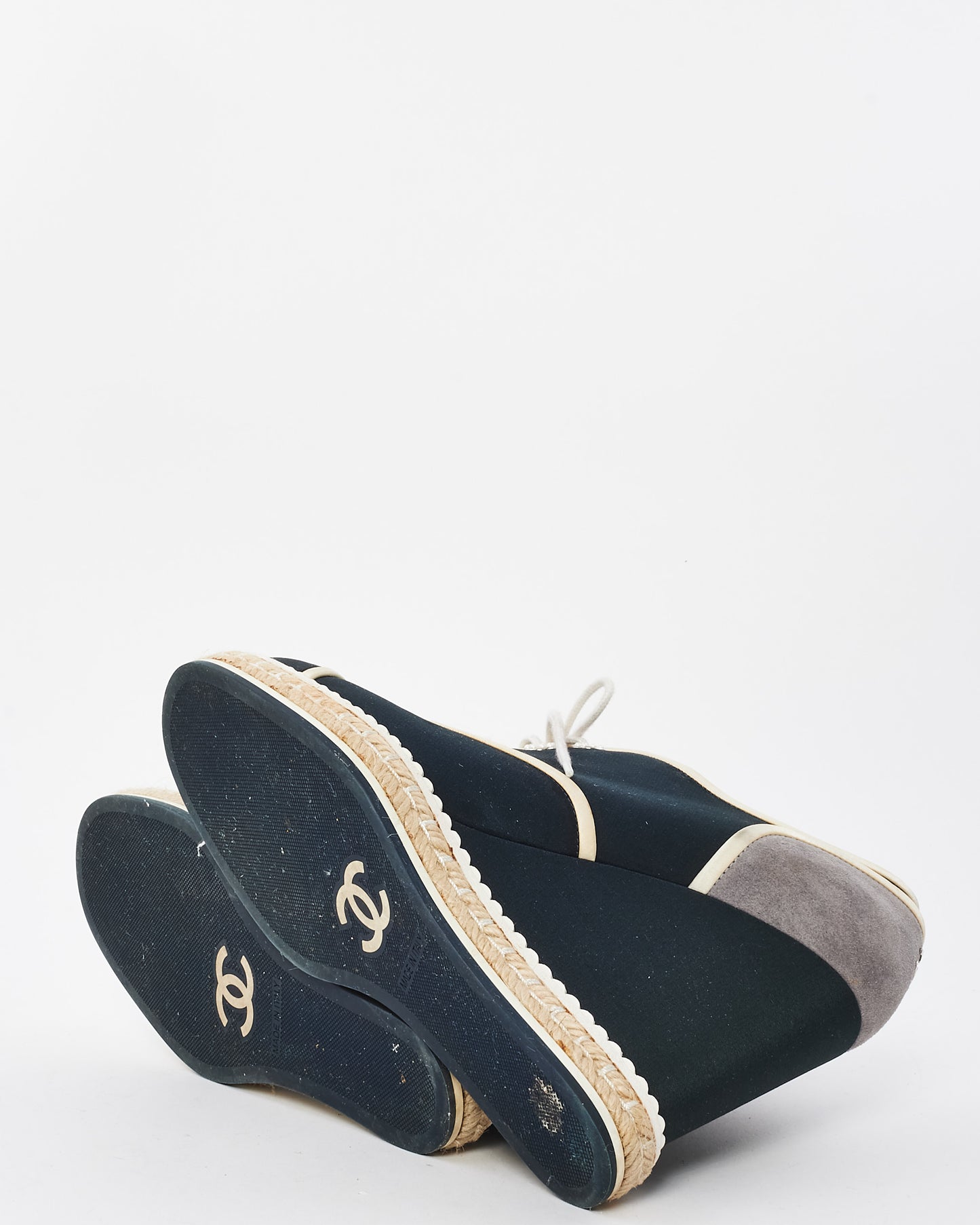 Chanel Navy 
White Canvas Platform Espadrille Wedges - 37.5