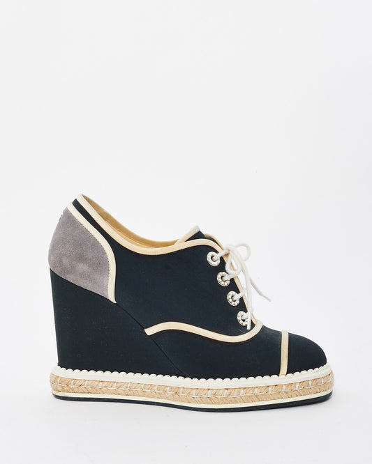 Chanel Navy 
White Canvas Platform Espadrille Wedges - 37.5