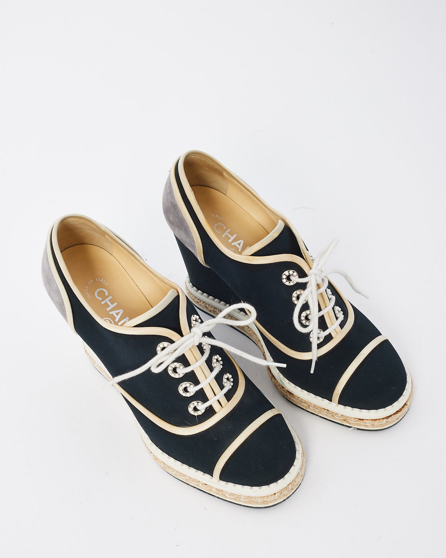 Chanel Navy 
White Canvas Platform Espadrille Wedges - 37.5