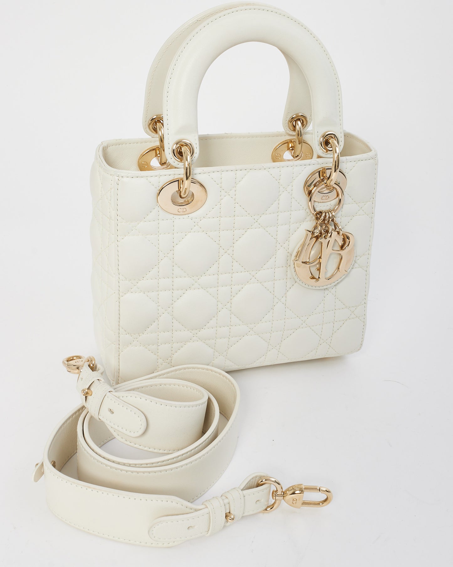 Dior White Cannage Leather Small Lady Dior Bag GHW