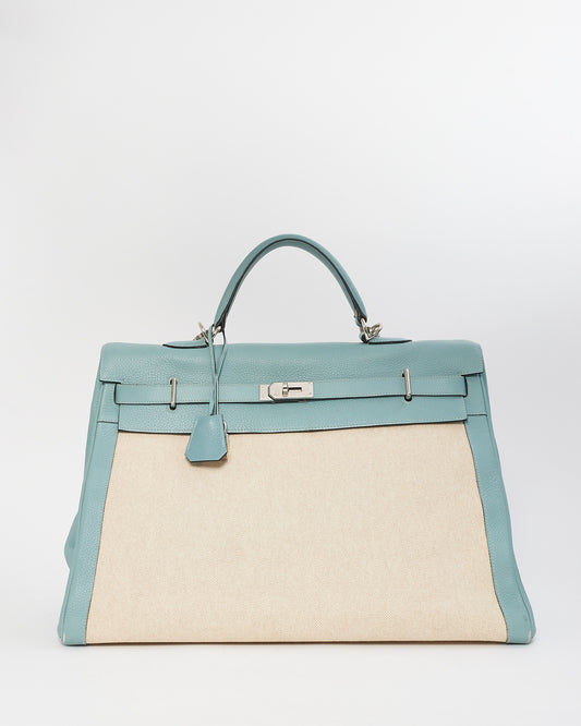 Hermès Blue Leather 
Canvas Kelly 50