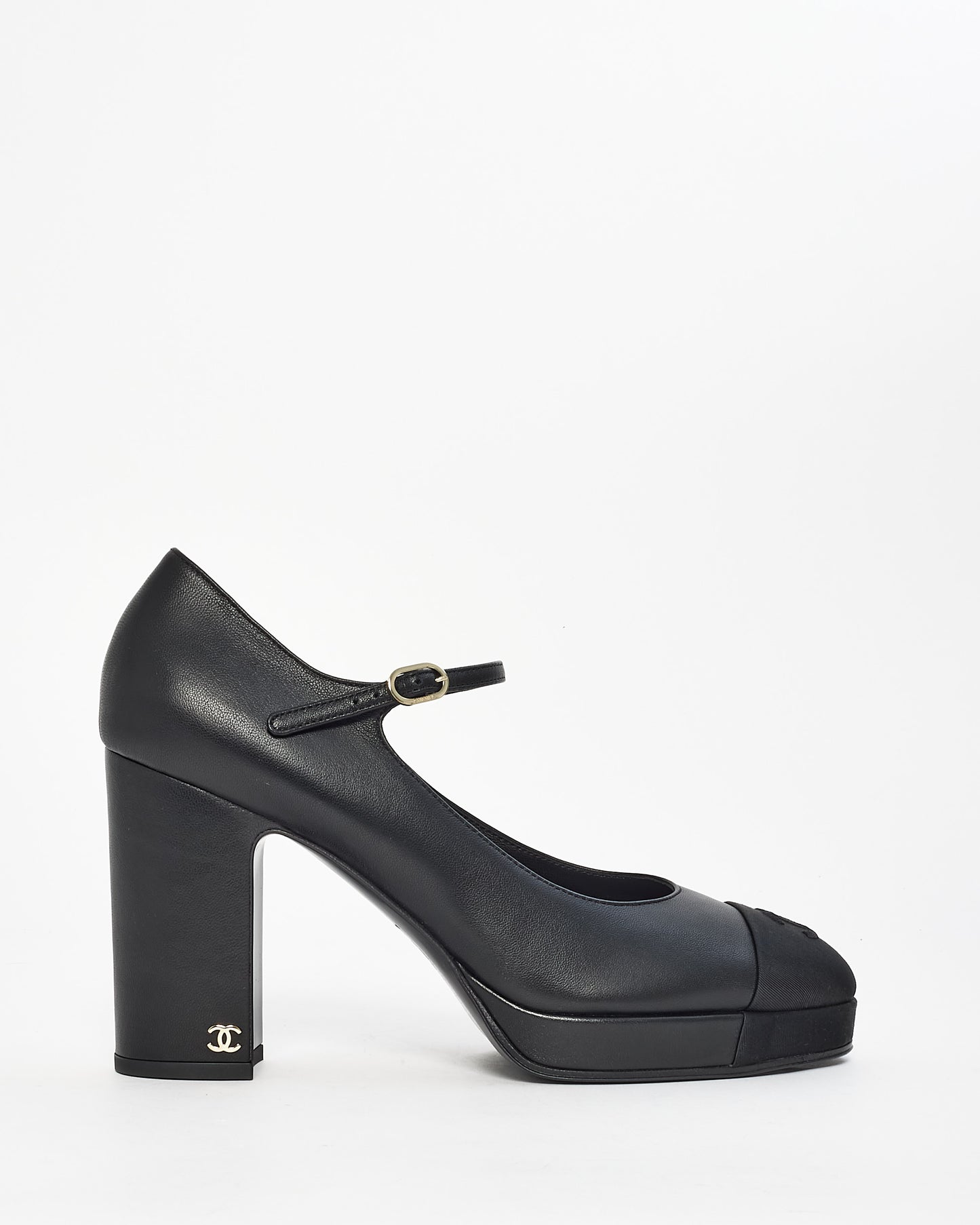 Chanel Black Lambskin Leather Platform Block Heel Mary Jane Pumps - 41C