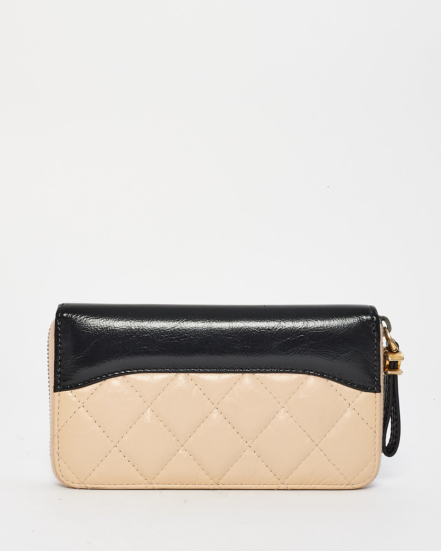 Chanel Beige 
Black Lambskin Leather Quilted Zip Wallet