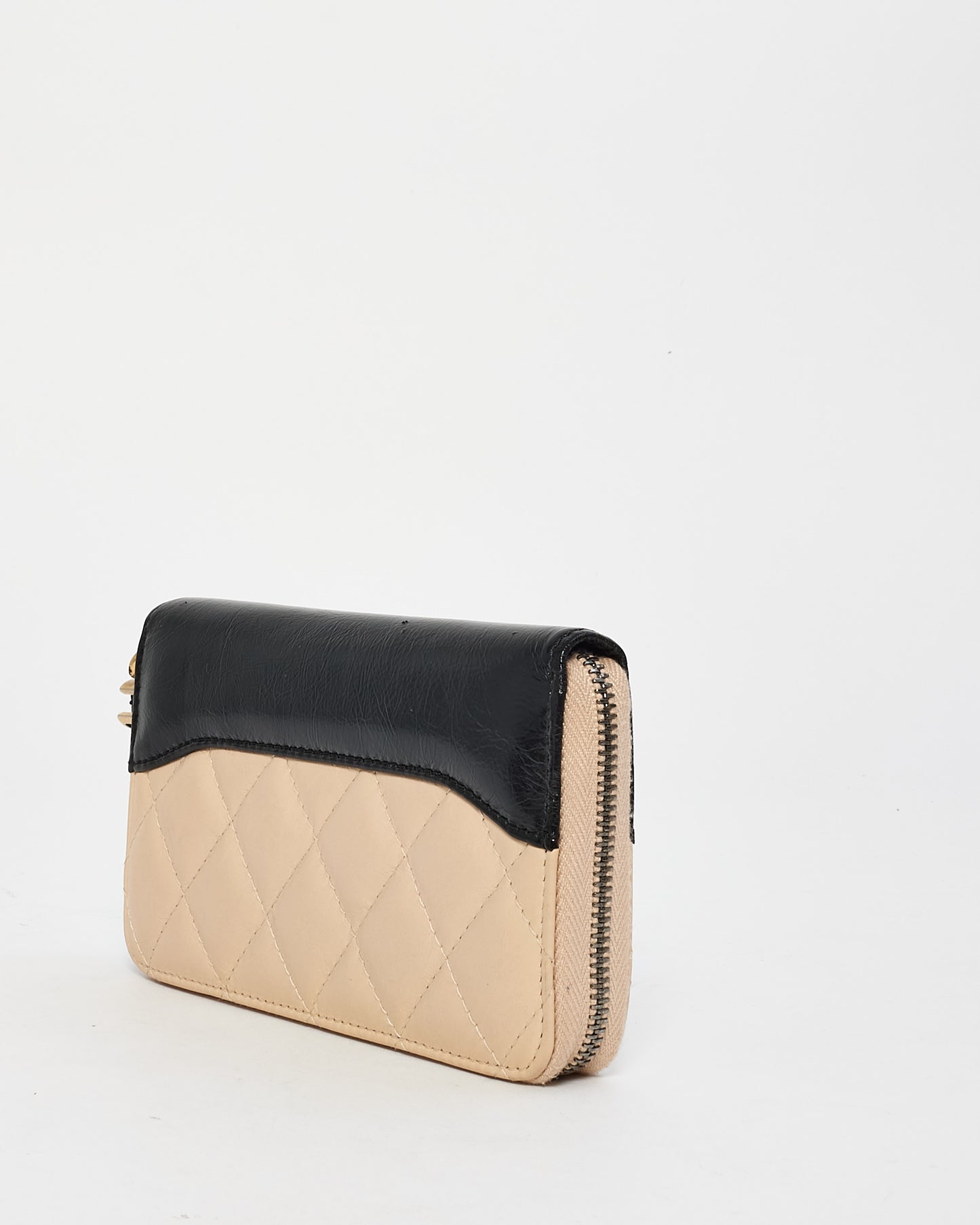 Chanel Beige 
Black Lambskin Leather Quilted Zip Wallet