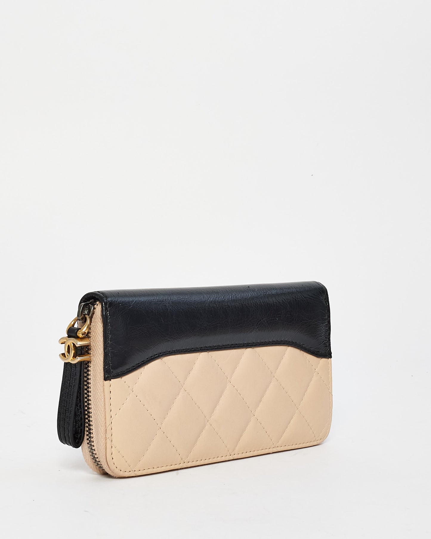 Chanel Beige 
Black Lambskin Leather Quilted Zip Wallet