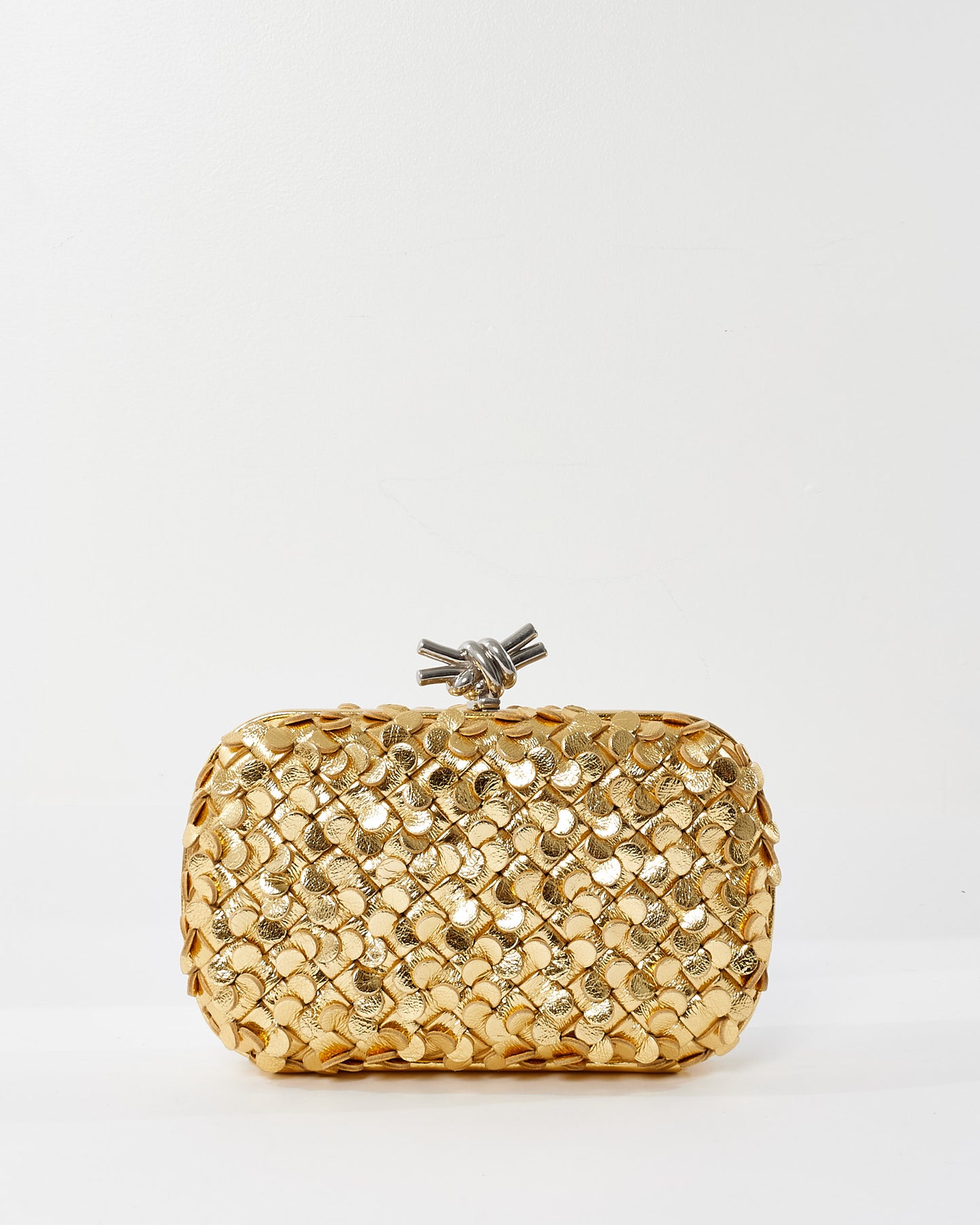 Bottega Veneta Gold Leather Knot Minaudiere Clutch