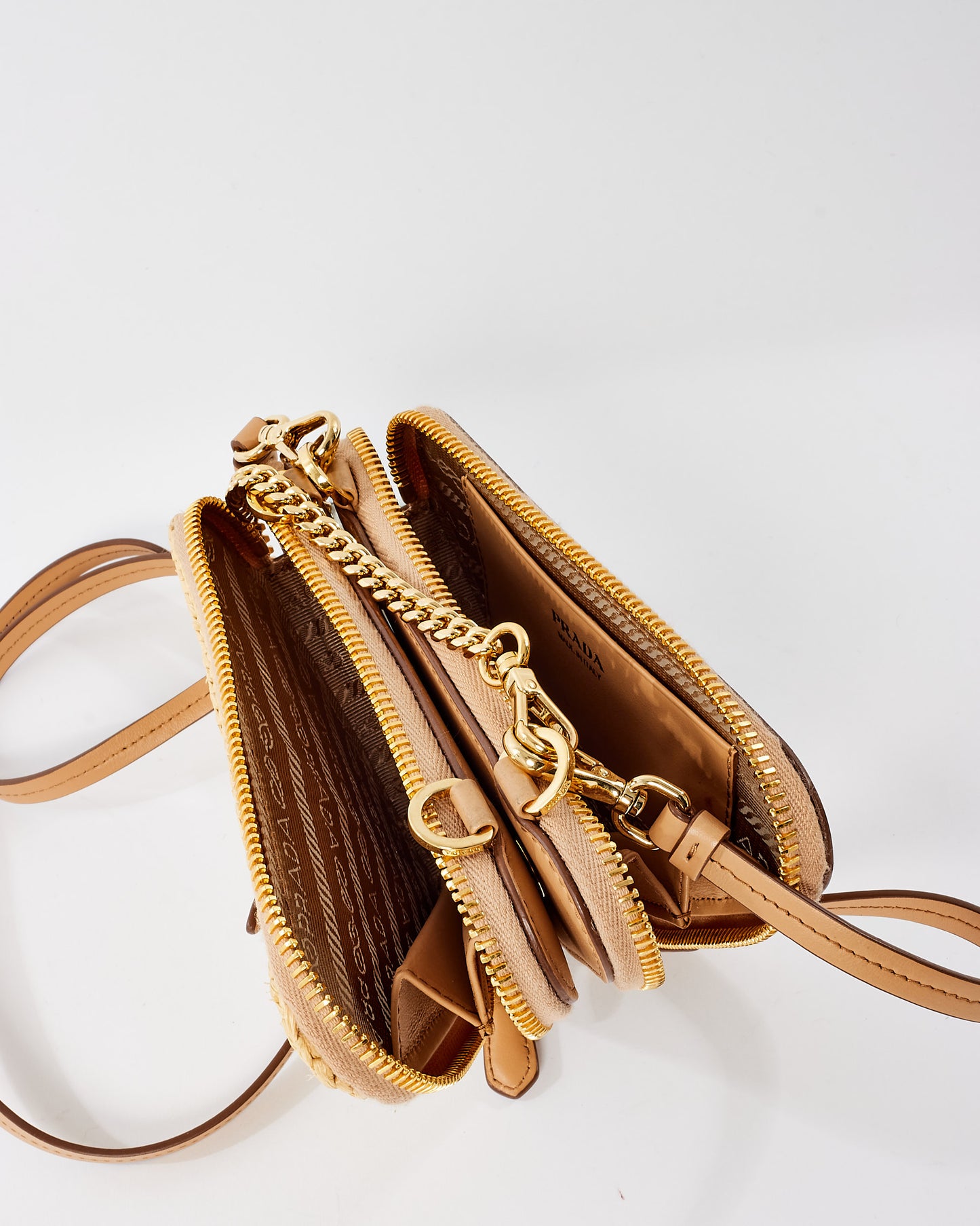 Prada Beige Raffia Crochet 
Leather Mini Pouch Crossbody Bag