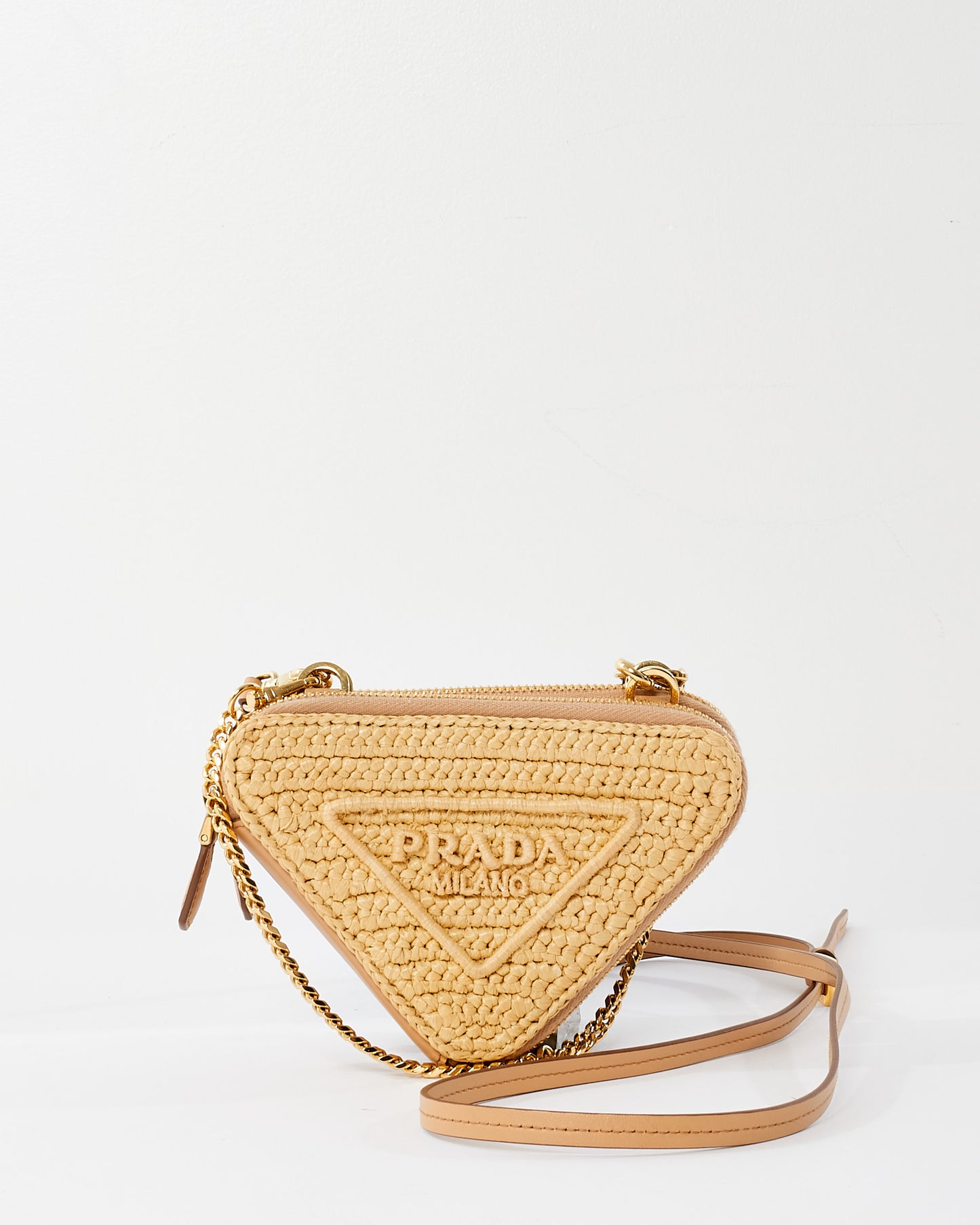 Prada Beige Raffia Crochet 
Leather Mini Pouch Crossbody Bag