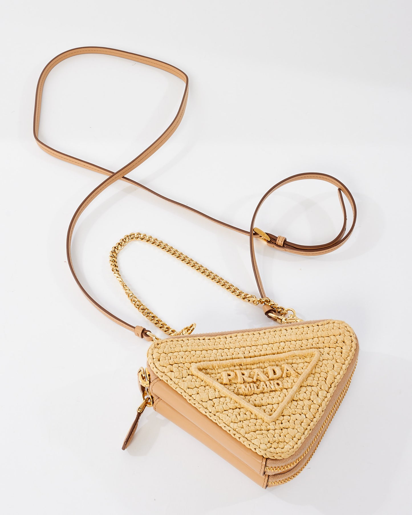 Prada Beige Raffia Crochet 
Leather Mini Pouch Crossbody Bag