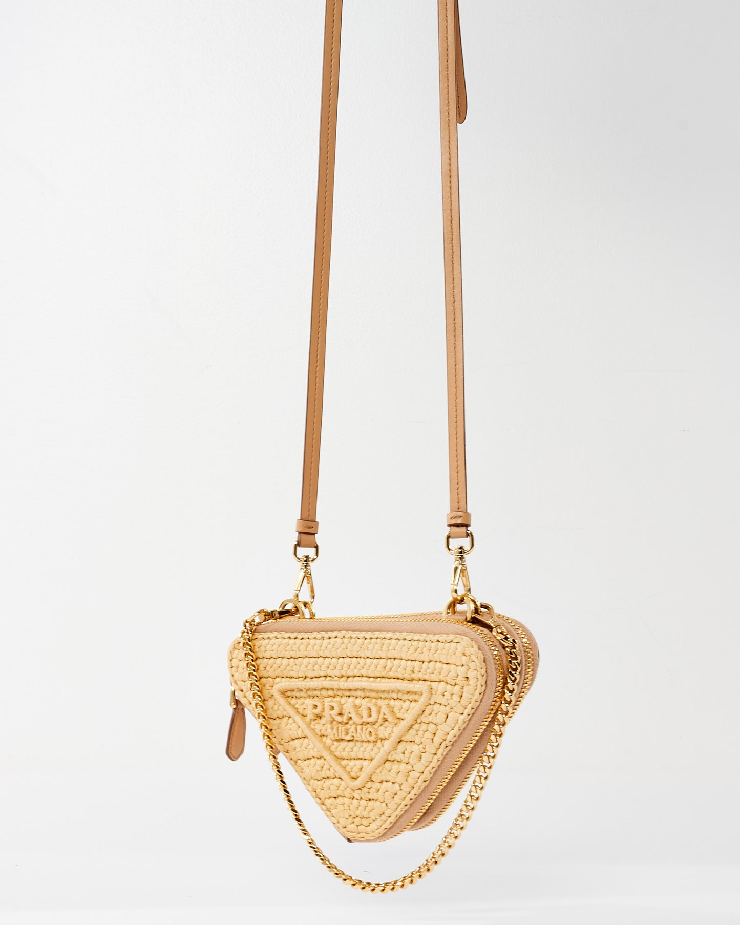 Prada Beige Raffia Crochet 
Leather Mini Pouch Crossbody Bag