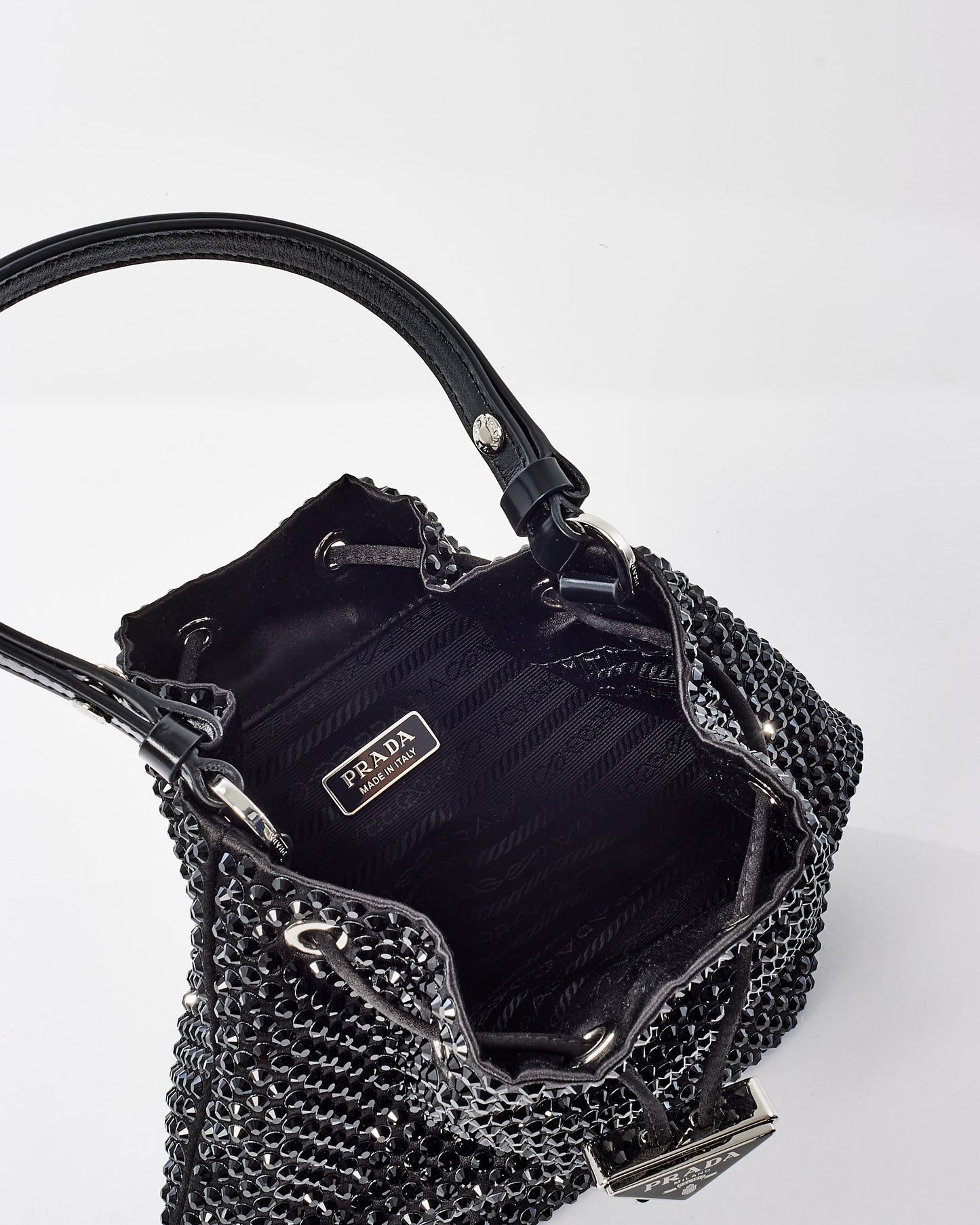 Prada Satin Black Crystal Mini Bucket Bag