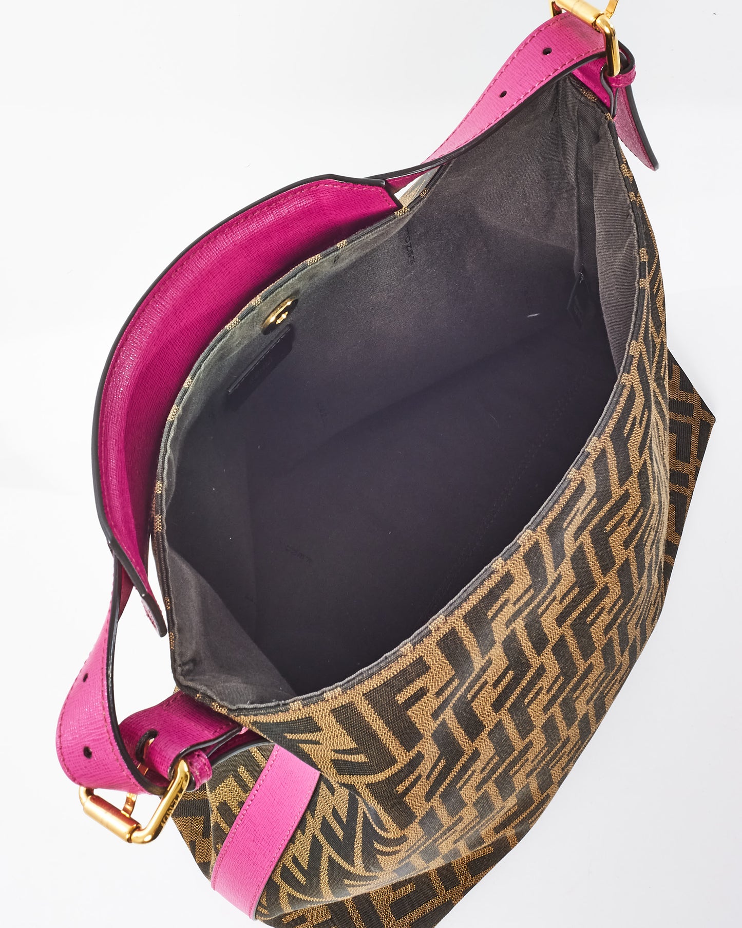 Fendi Pink Buckle Strap Brown Zucca Print Canvas Hobo Bag