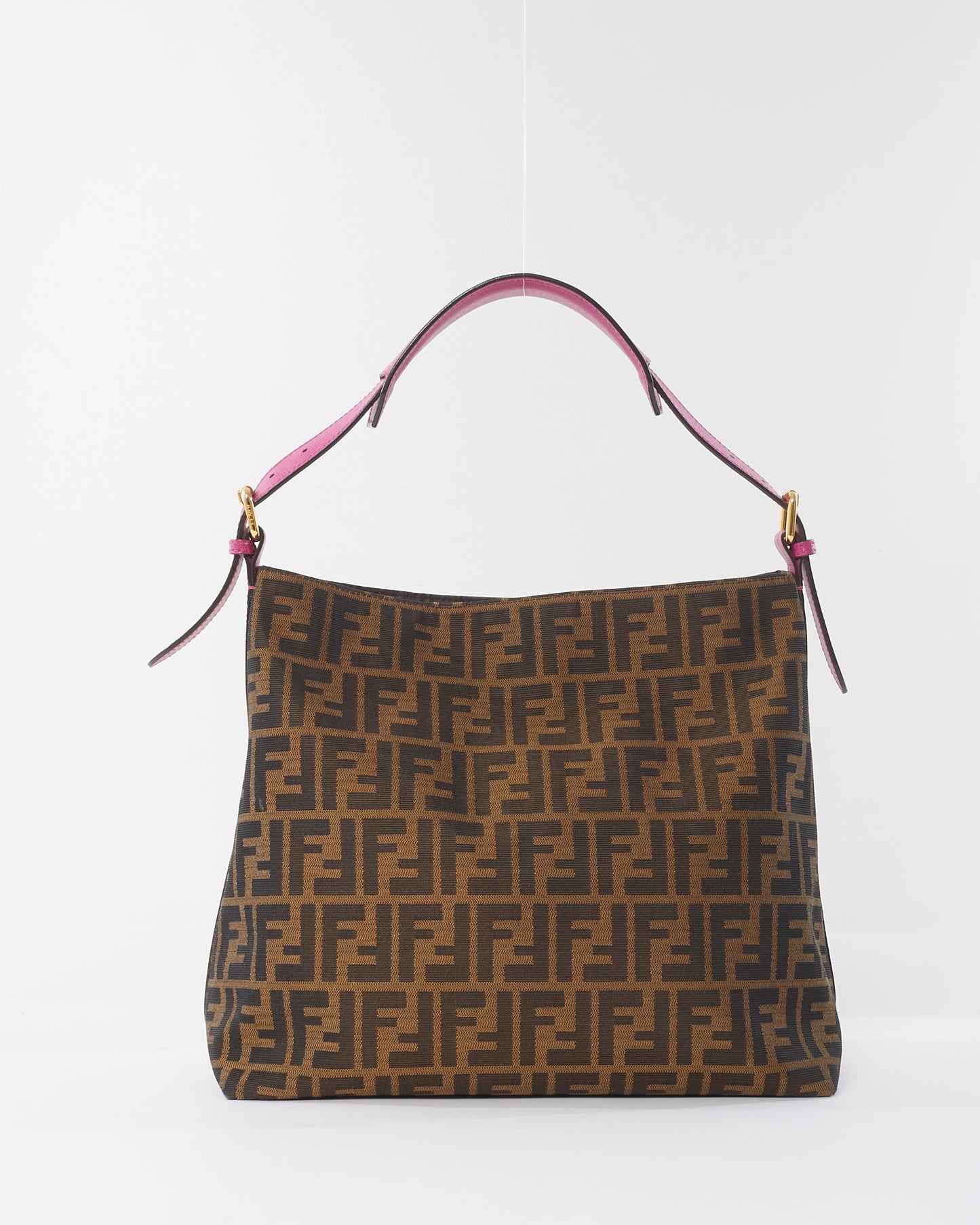 Fendi Pink Buckle Strap Brown Zucca Print Canvas Hobo Bag