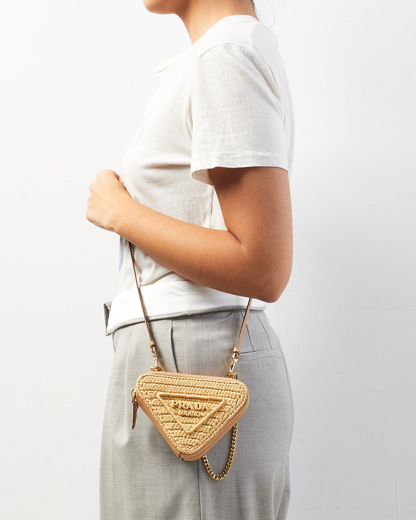 Prada Beige Raffia Crochet 
Leather Mini Pouch Crossbody Bag