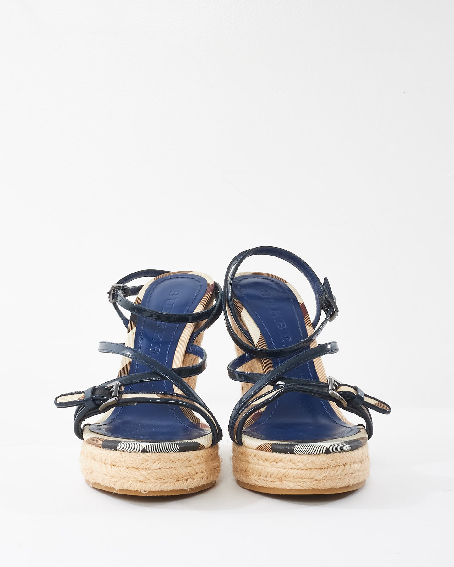 Burberry Blue Patent 
Canvas Nova Check Espadrille Wedges - 36