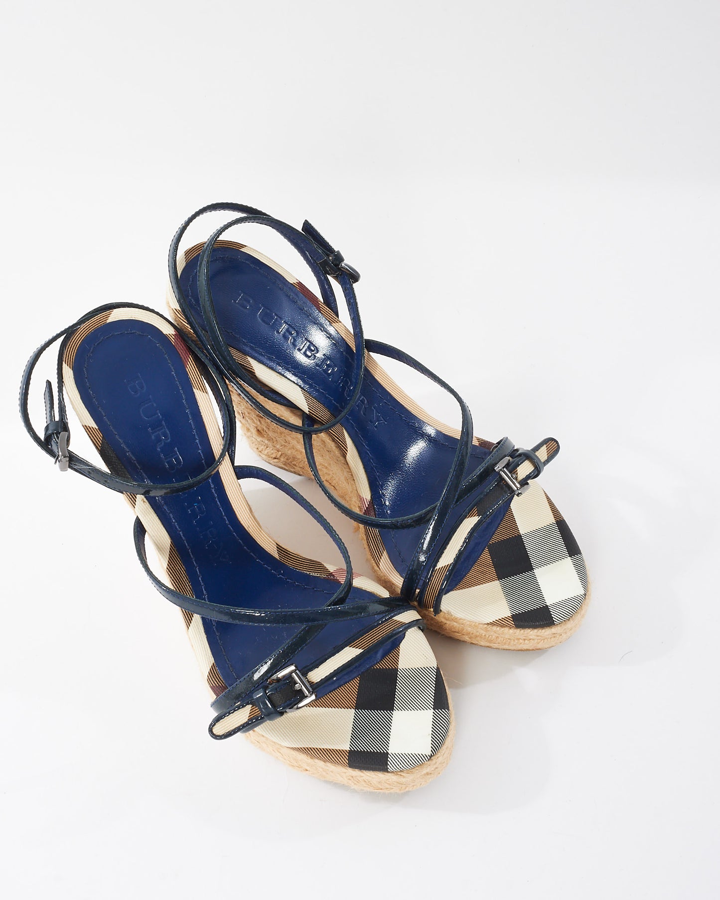 Burberry Blue Patent 
Canvas Nova Check Espadrille Wedges - 36