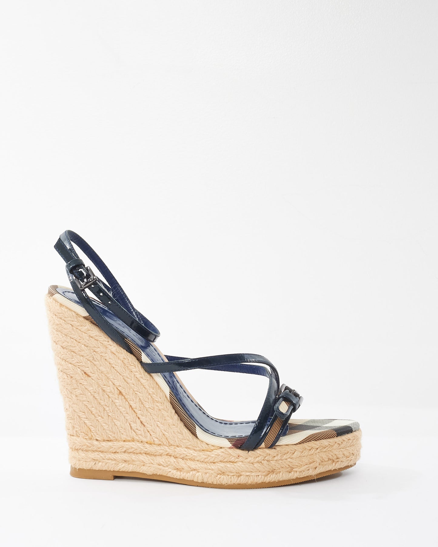 Burberry Blue Patent 
Canvas Nova Check Espadrille Wedges - 36