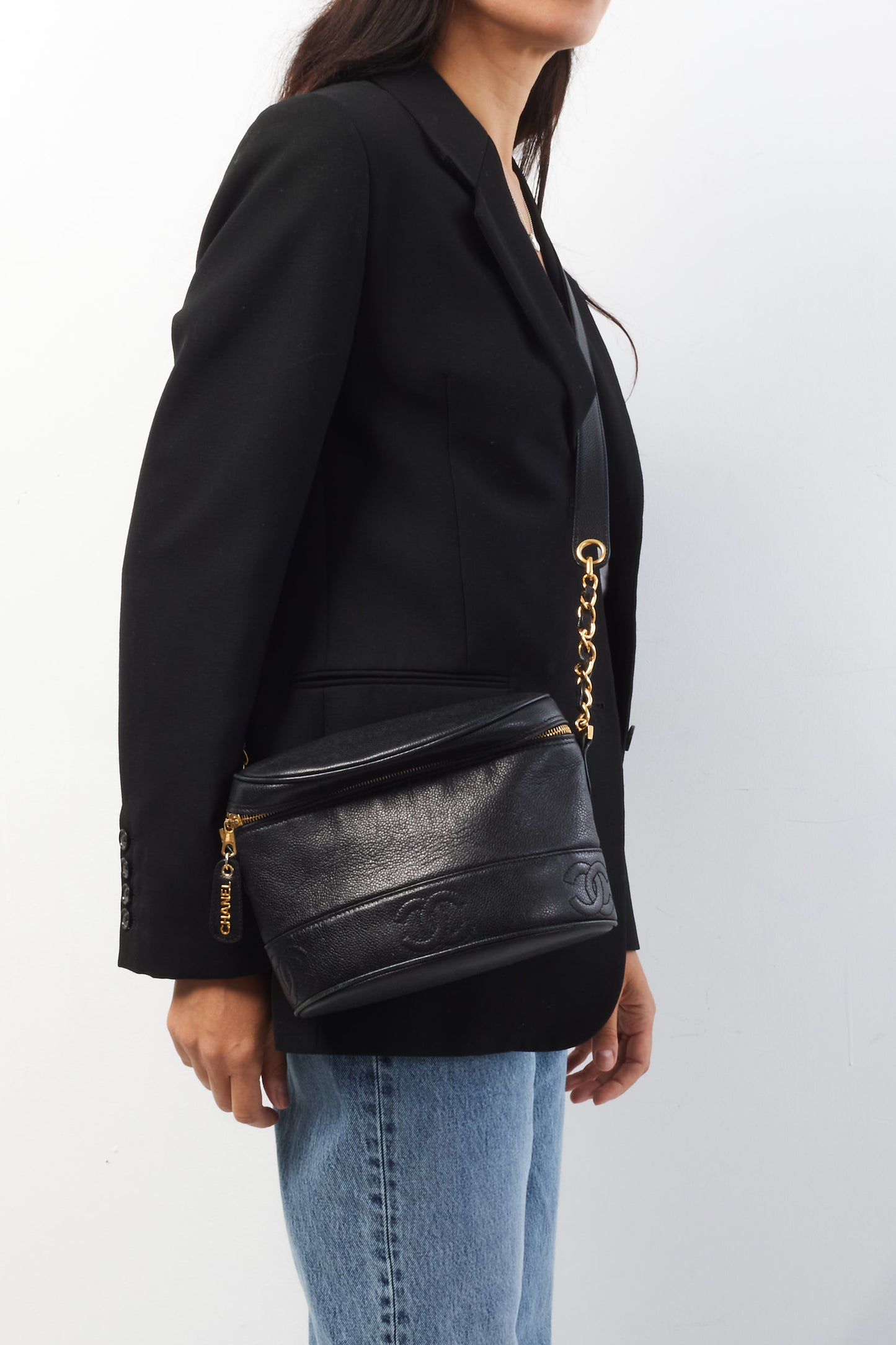 Chanel Vintage Black Leather Embossed Logo Crossbody Bag