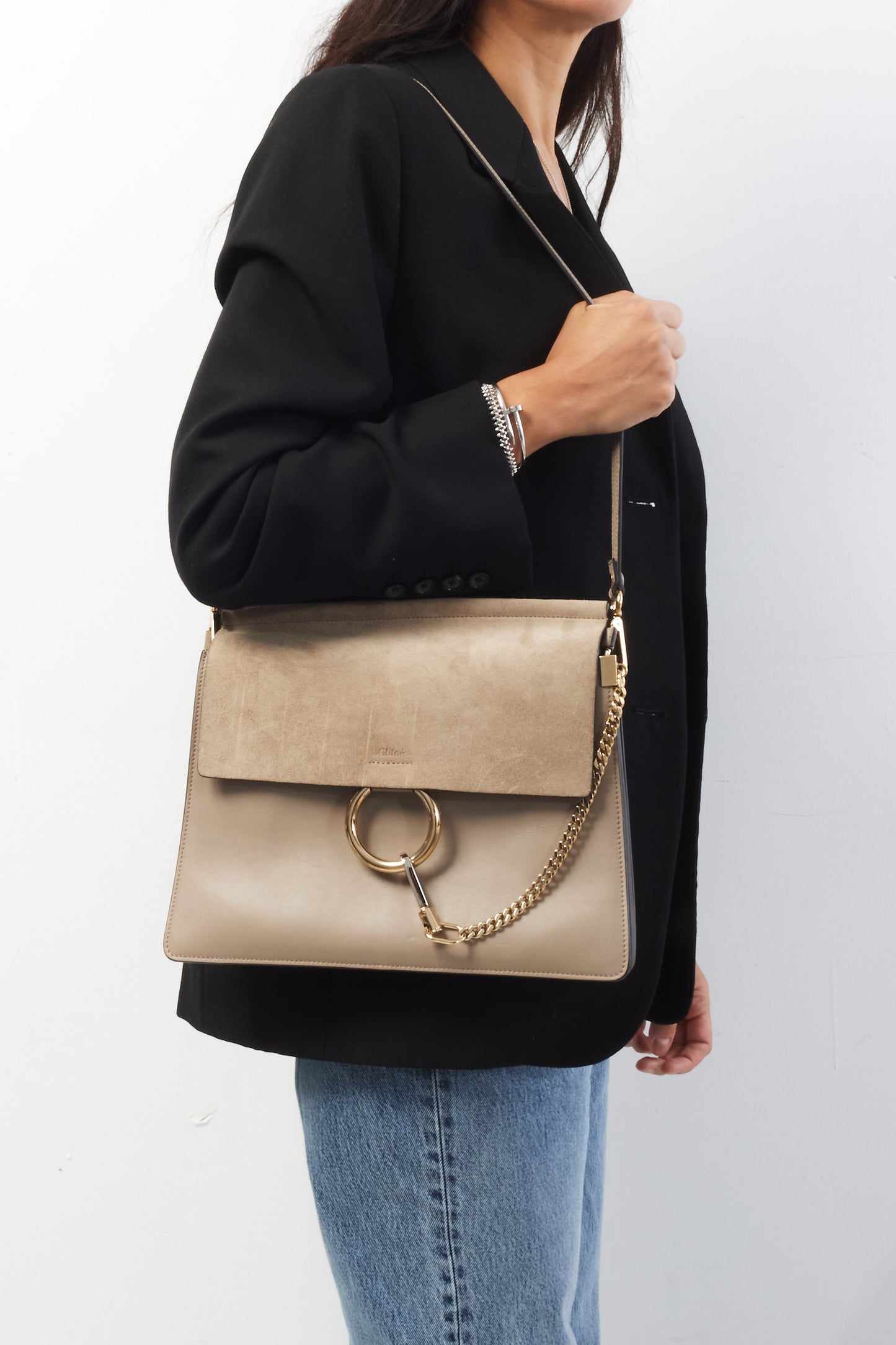 Chloé Taupe Suede 
Leather Medium Faye Crossbody Bag