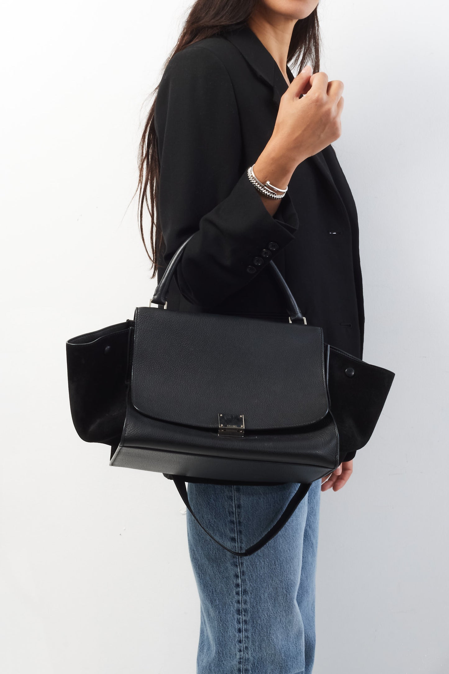 Celine Black Leather 
Suede Trapeze Bag