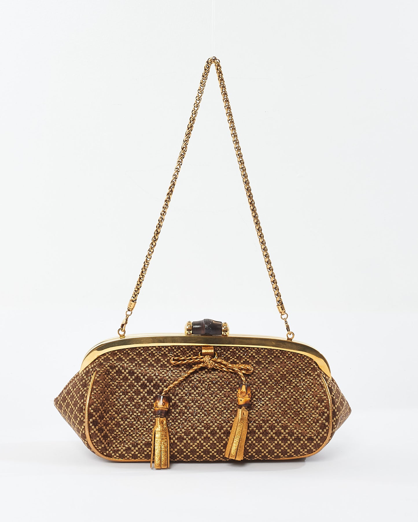 Gucci Vintage Brown 
Gold Bamboo Shoulder Chain Clutch