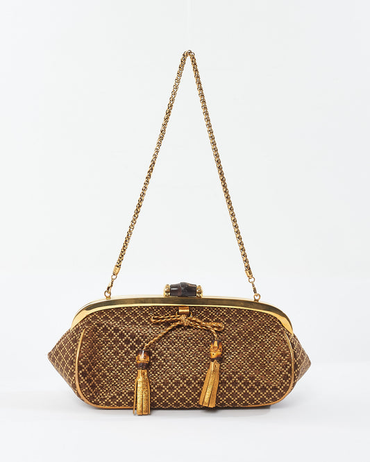 Gucci Vintage Brown 
Gold Bamboo Shoulder Chain Clutch