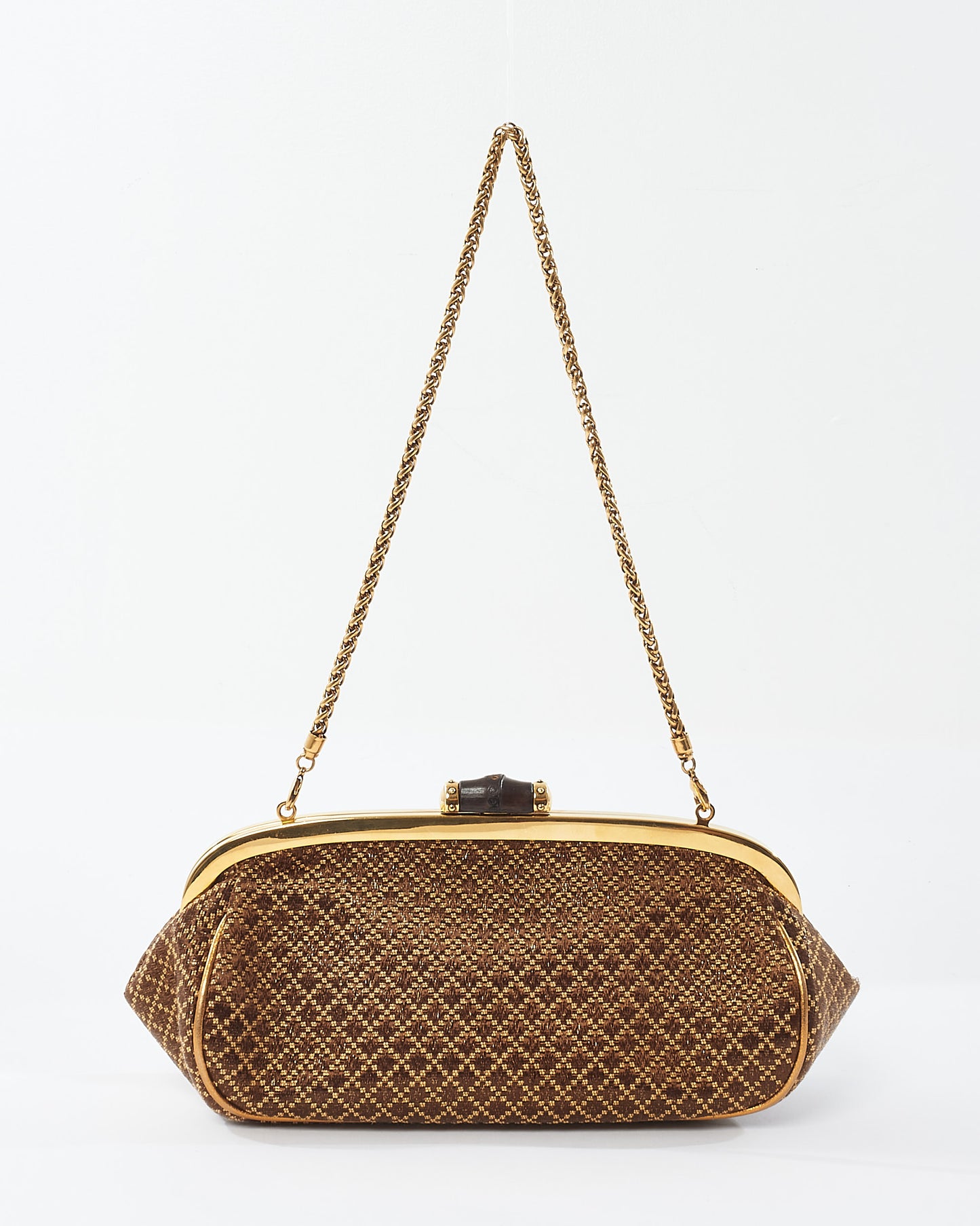 Gucci Vintage Brown 
Gold Bamboo Shoulder Chain Clutch