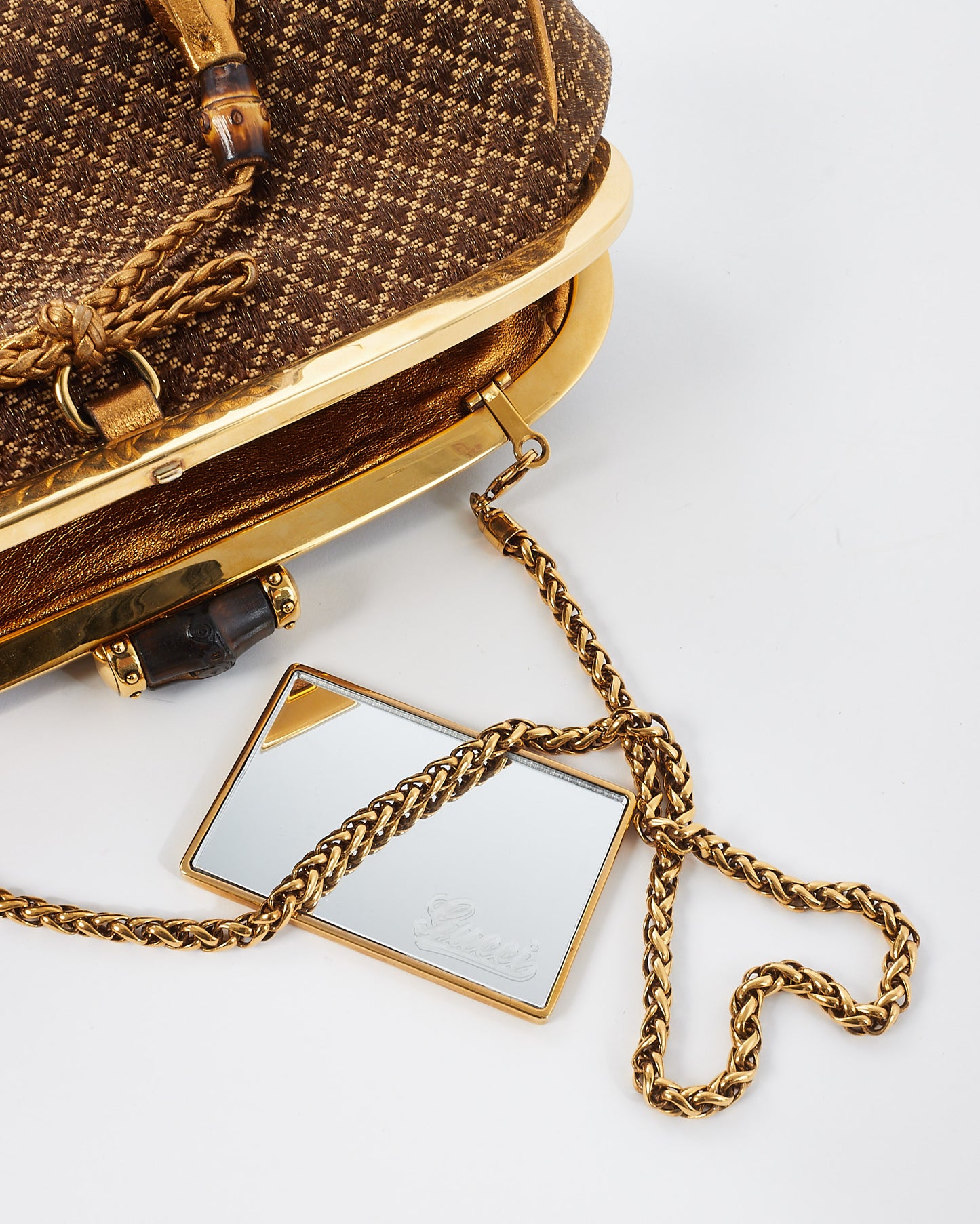 Gucci Vintage Brown 
Gold Bamboo Shoulder Chain Clutch