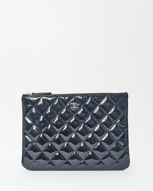 Chanel Black Patent Leather Quilted Classic Zip Pouch