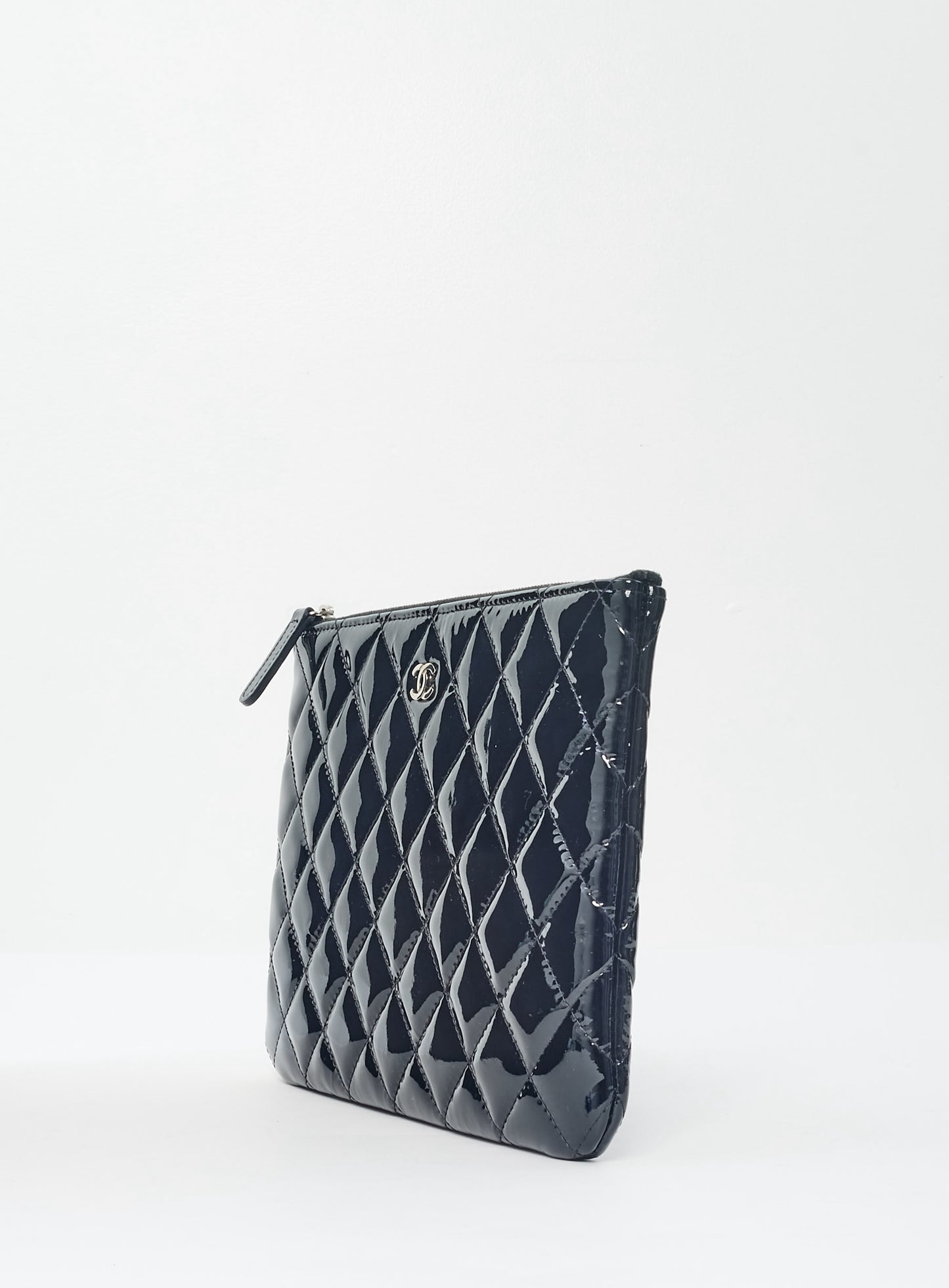 Chanel Black Patent Leather Quilted Classic Zip Pouch