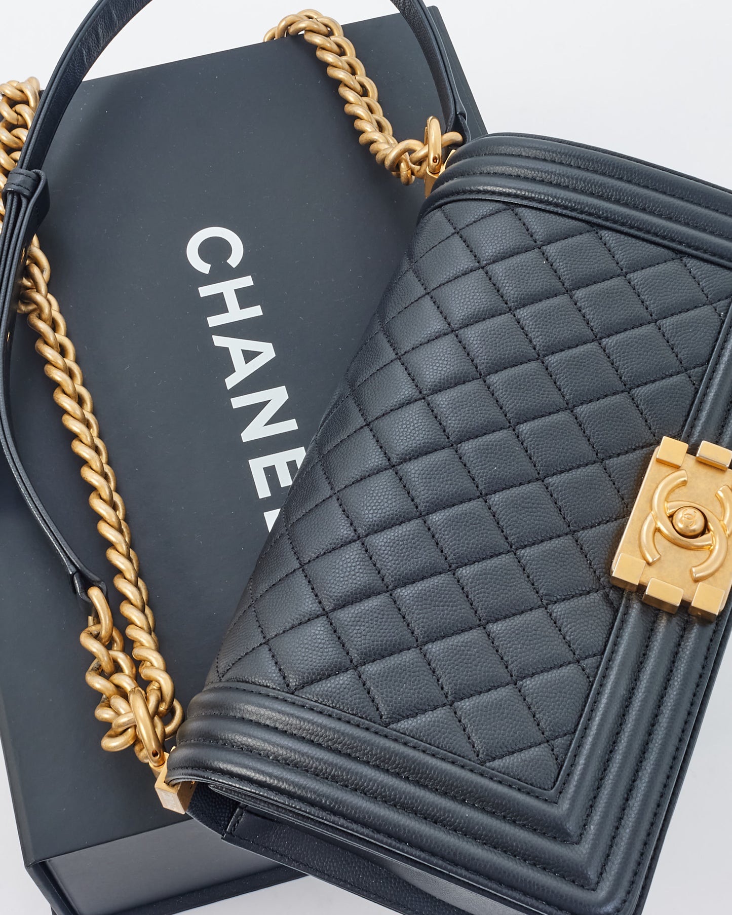 Chanel Black Caviar Leather Old Medium Boy Bag with GHW