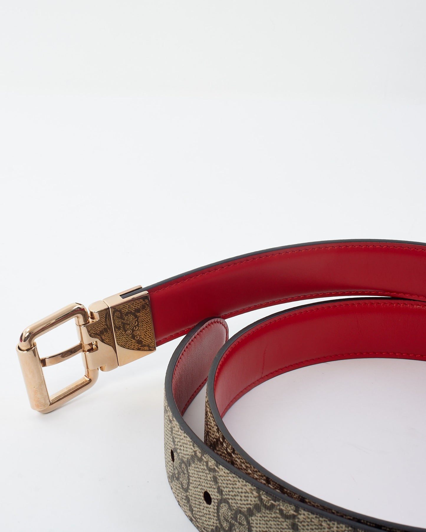 Gucci Monogram Coated Canvas 
Red Leather Reversible Belt - 110