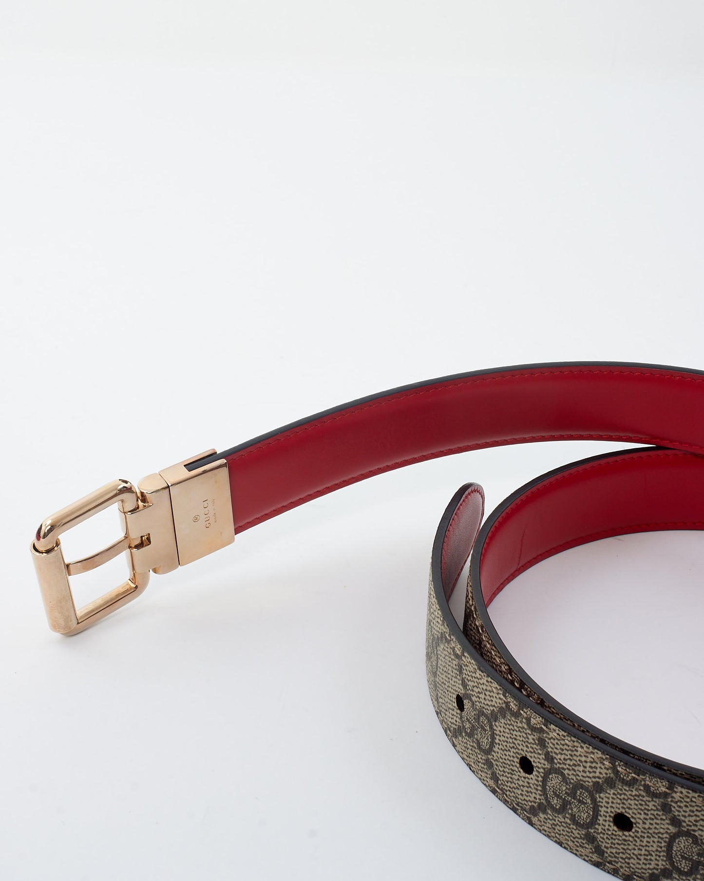 Gucci Monogram Coated Canvas 
Red Leather Reversible Belt - 110