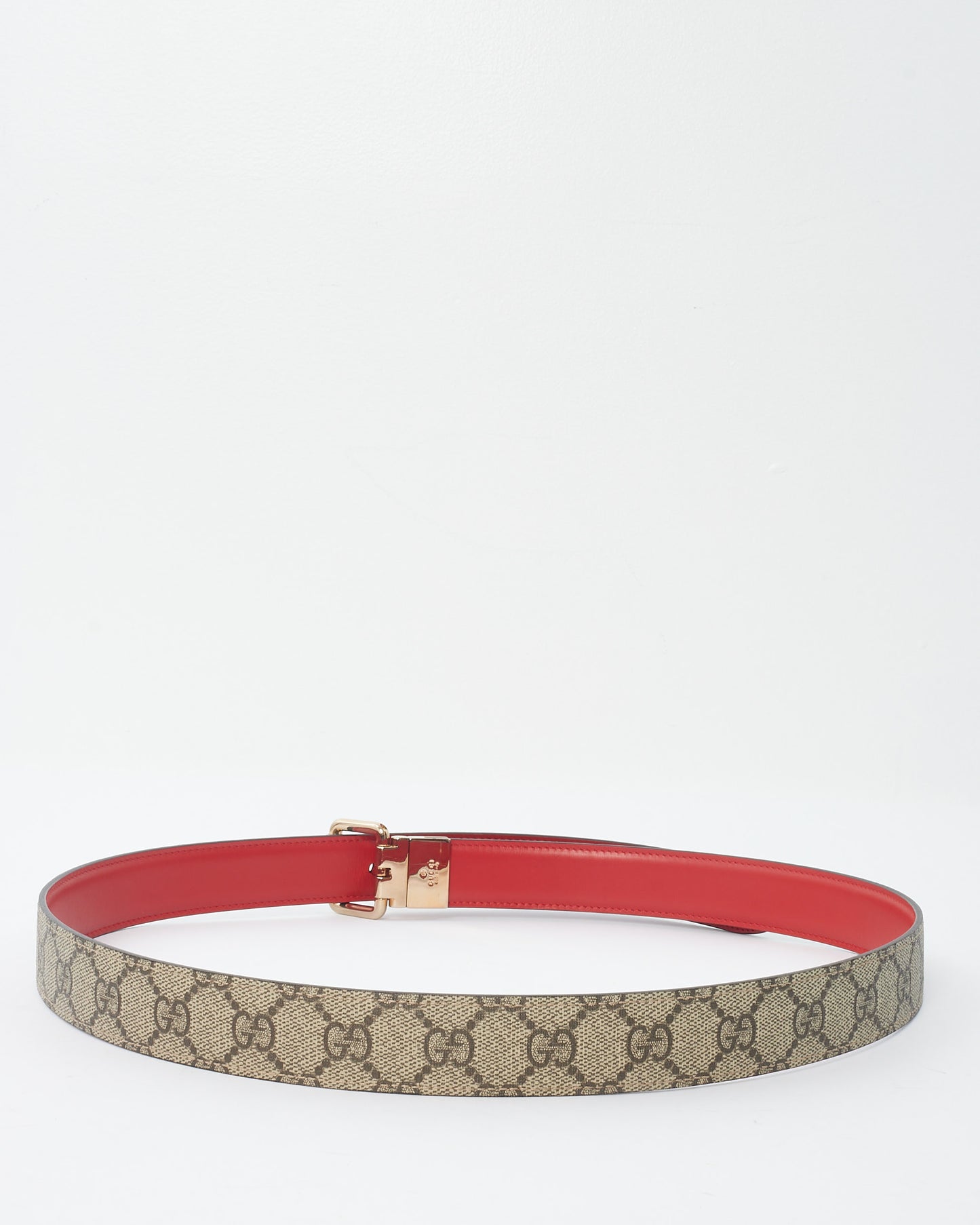 Gucci Monogram Coated Canvas 
Red Leather Reversible Belt - 110