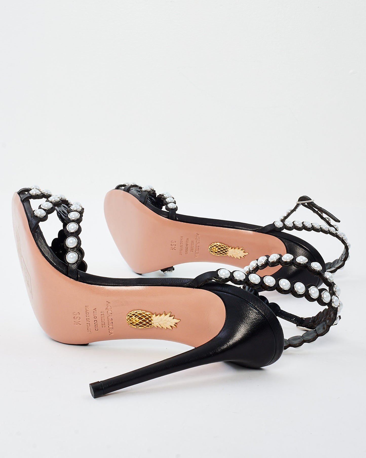 Aquazzura Black Leather Pearl Embellished Stiletto Heel Sandals - 39.5