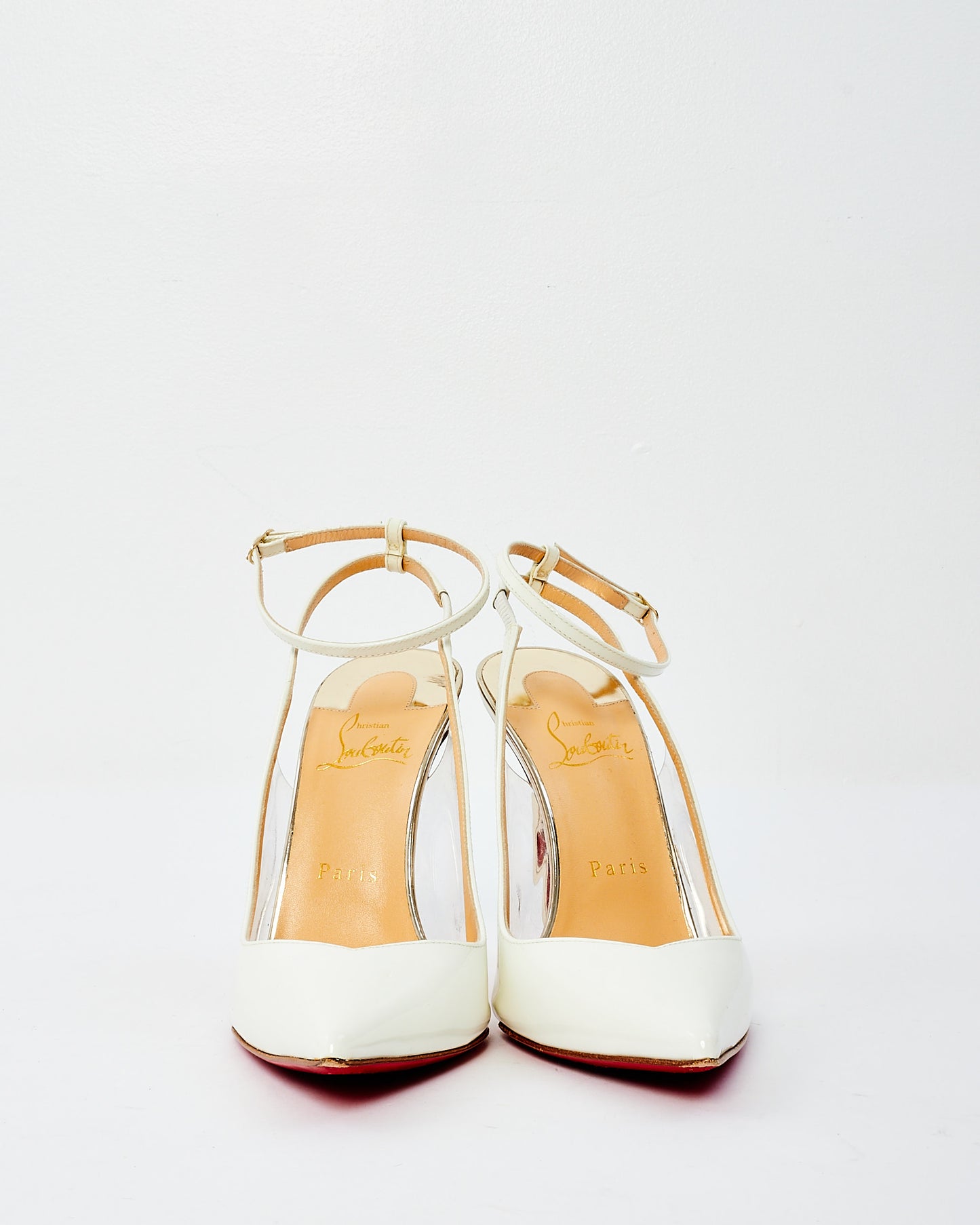 Christian Louboutin White 
Silver Patent Leather Ankle Strap Pumps - 38.5