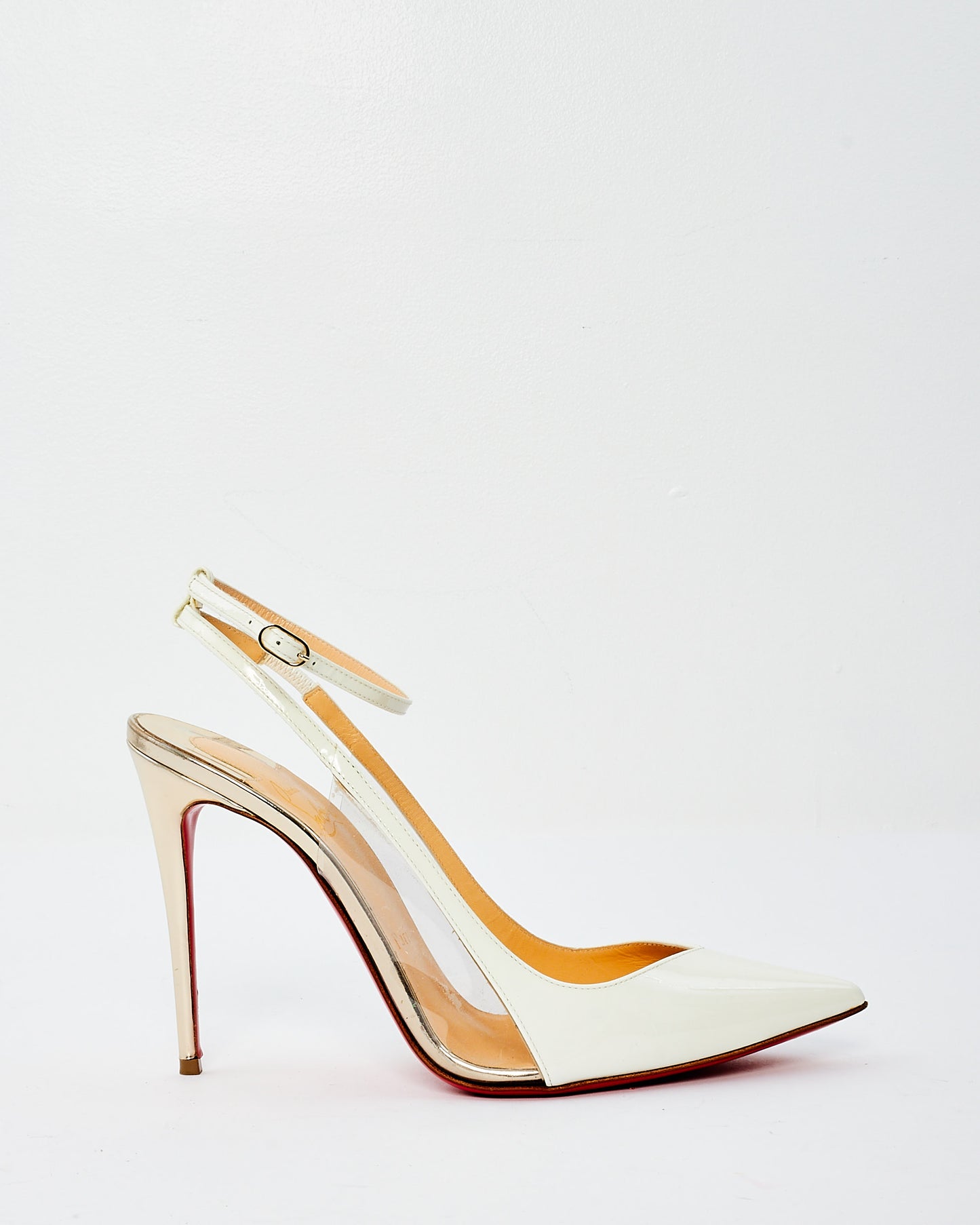 Christian Louboutin White 
Silver Patent Leather Ankle Strap Pumps - 38.5