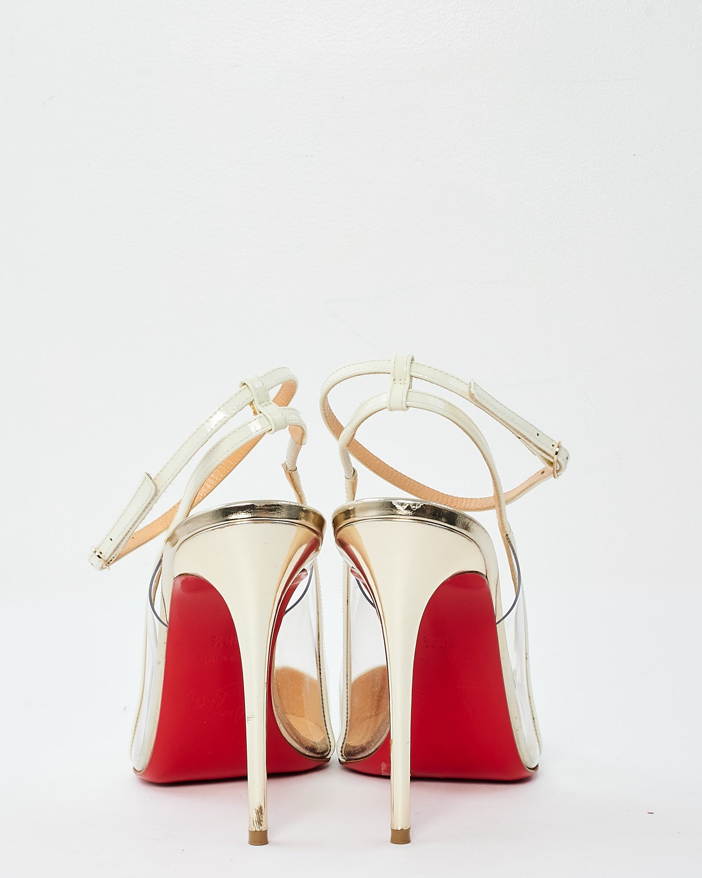 Christian Louboutin White 
Silver Patent Leather Ankle Strap Pumps - 38.5