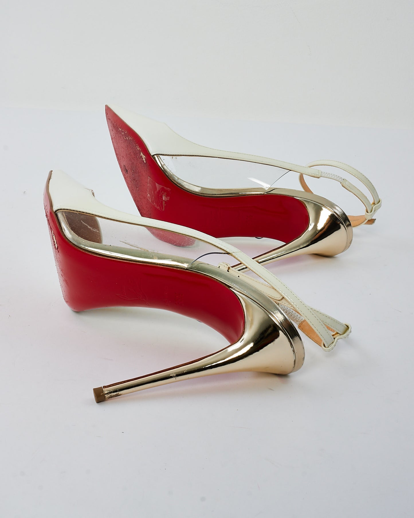 Christian Louboutin White 
Silver Patent Leather Ankle Strap Pumps - 38.5