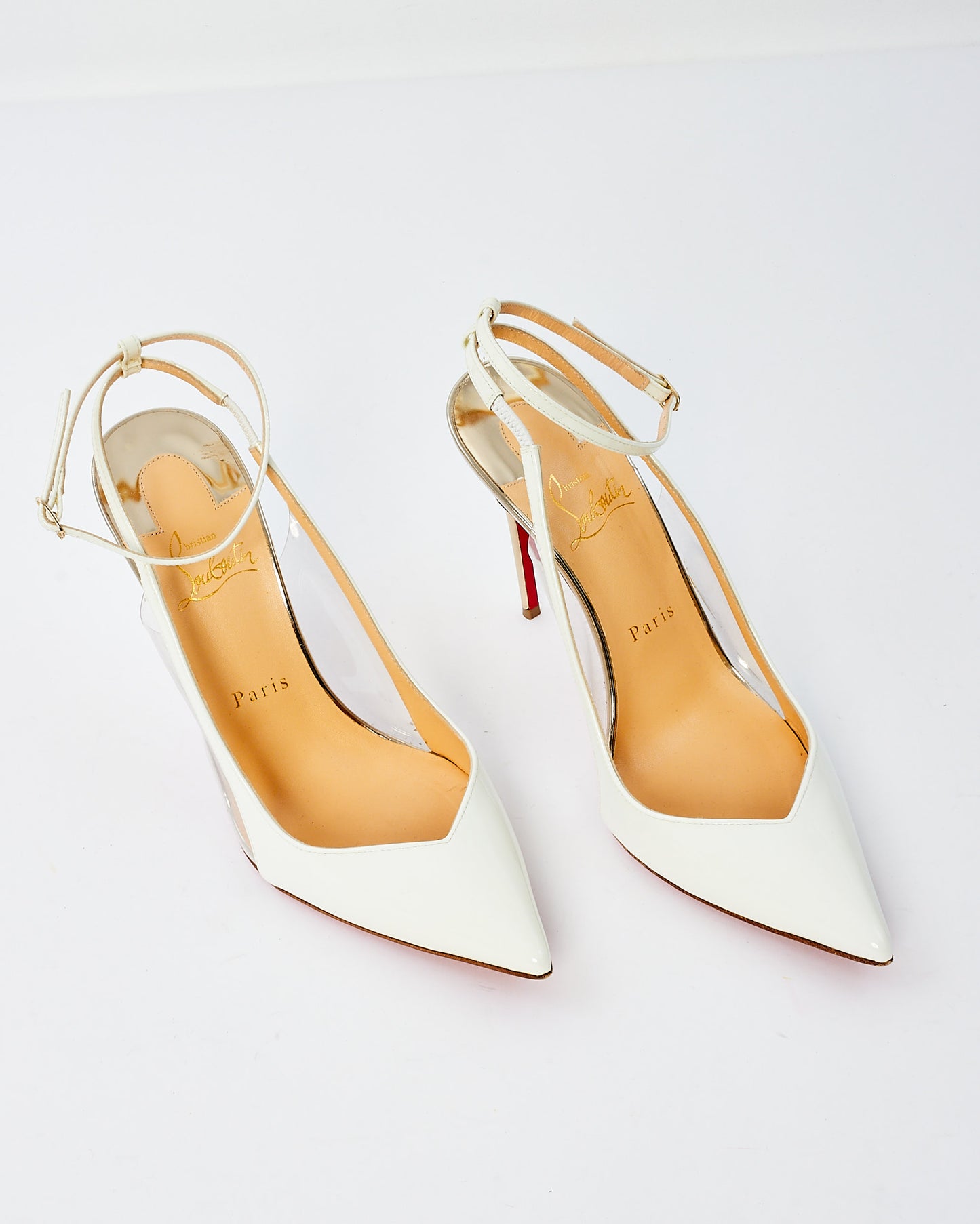 Christian Louboutin White 
Silver Patent Leather Ankle Strap Pumps - 38.5