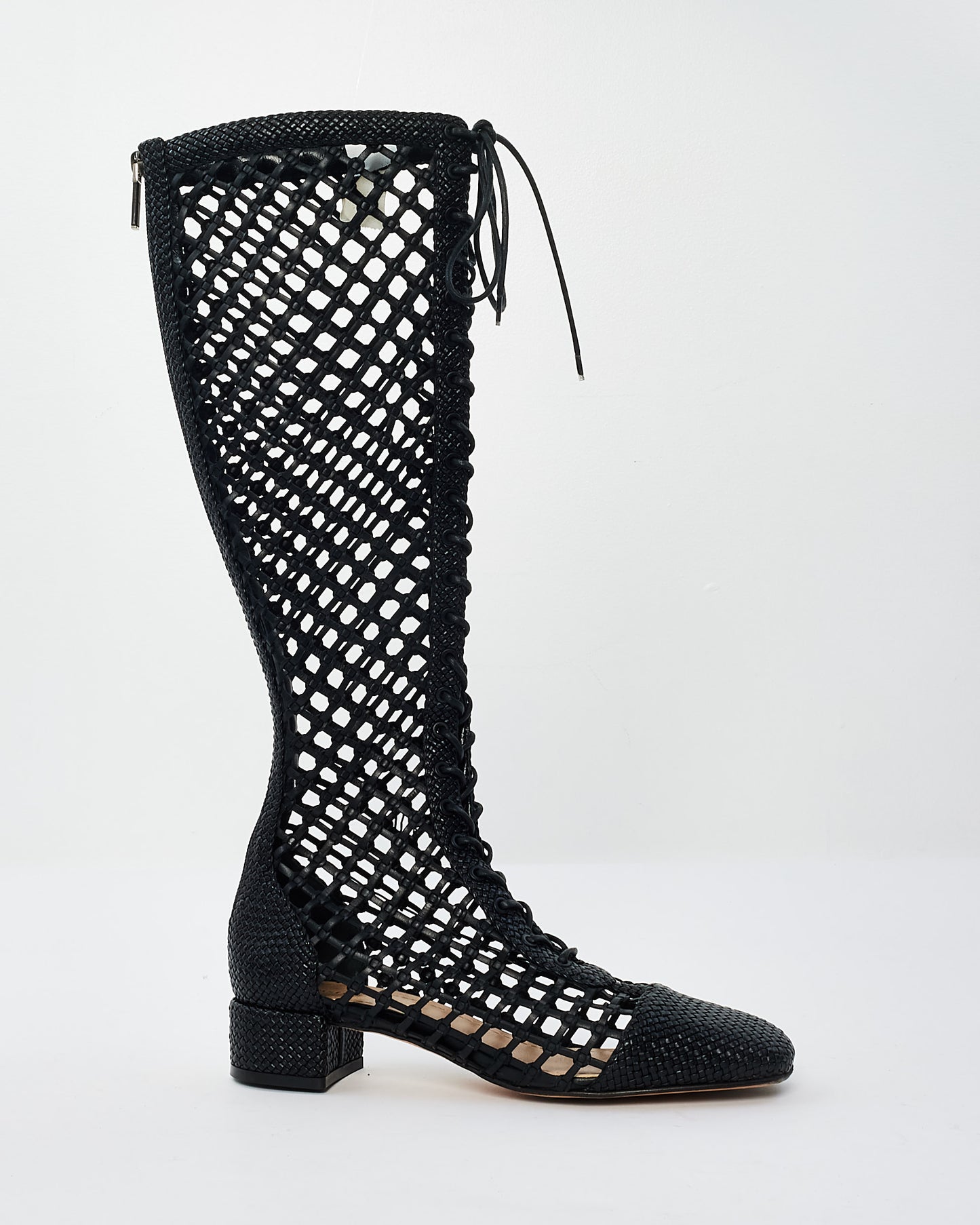 Dior Black Woven Leather Naughtily-D Fishnet Lace Up Boots - 37