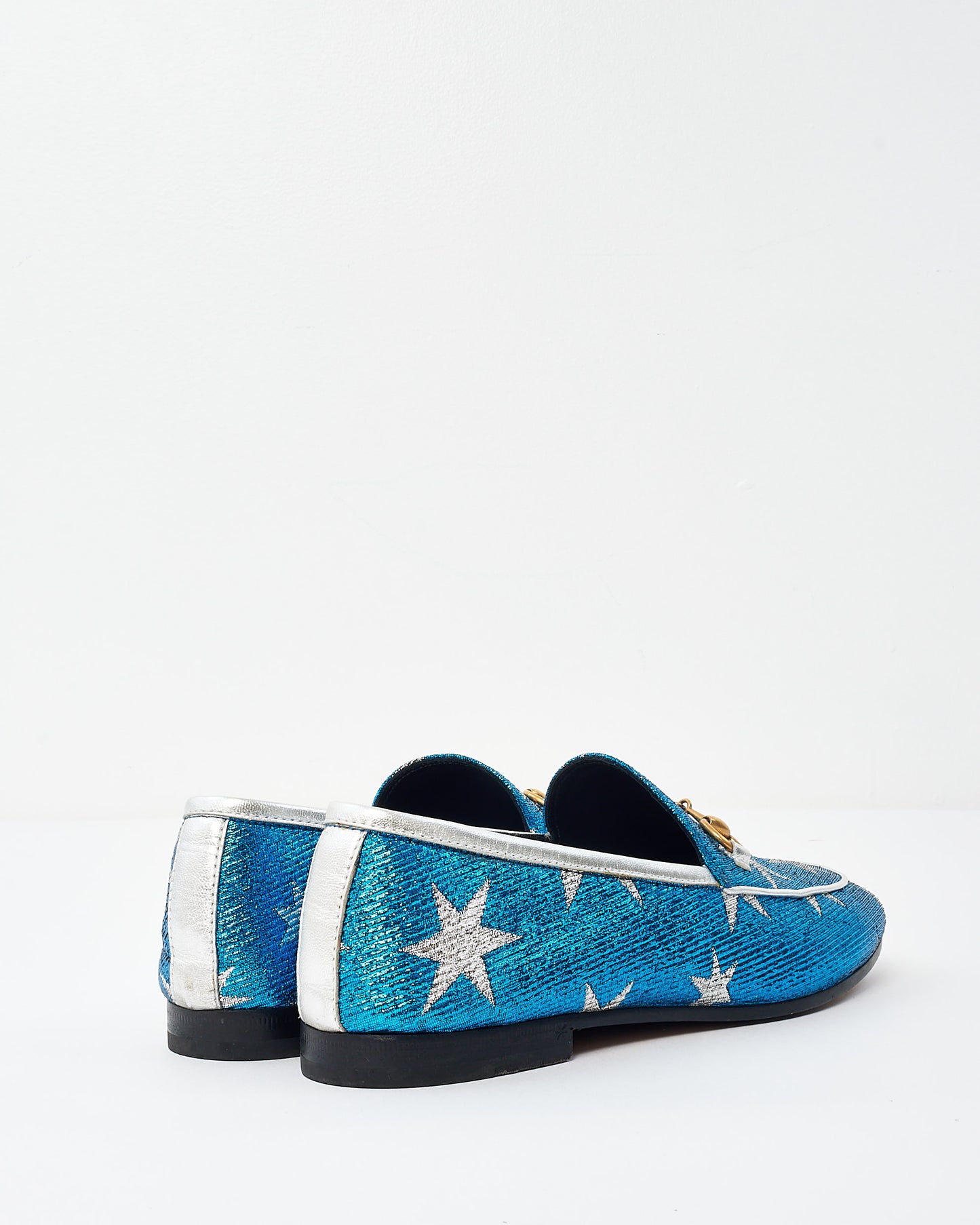 Gucci Blue 
Silver Star Sparkle Jordaan Loafers -37.5