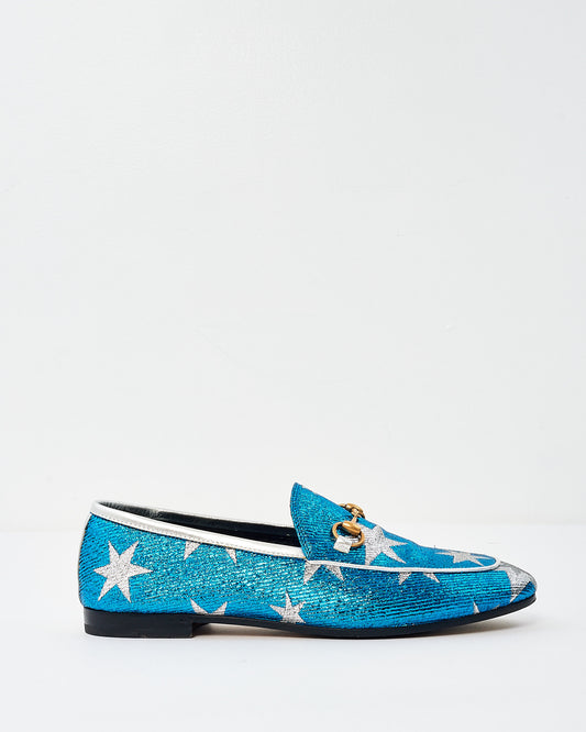 Gucci Blue 
Silver Star Sparkle Jordaan Loafers -37.5