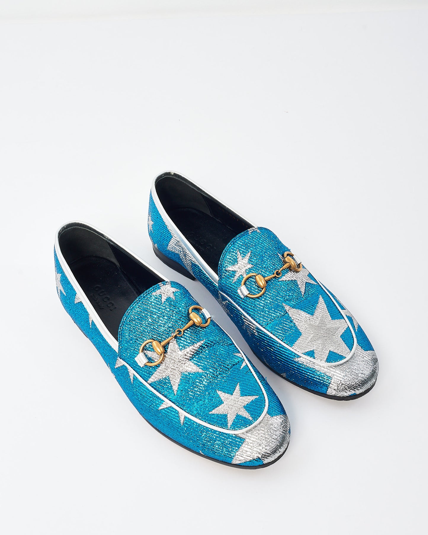 Gucci Blue 
Silver Star Sparkle Jordaan Loafers -37.5